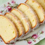 Lemon Yogurt Loaf Cake fanned out on a platter.