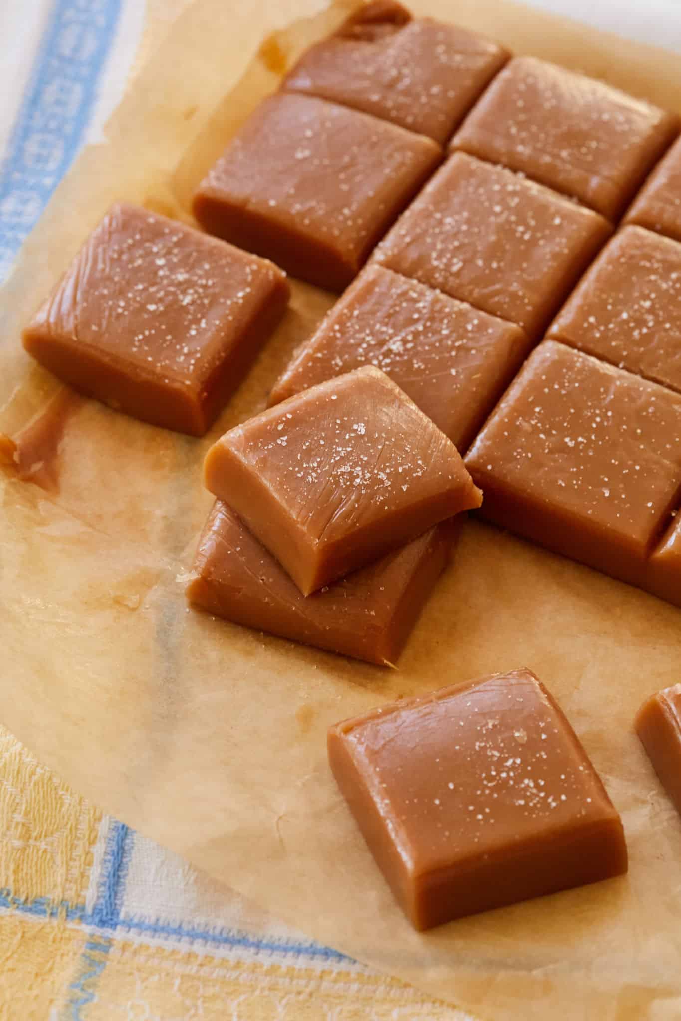 Salted Caramel Candies squares lightly topped with salt.