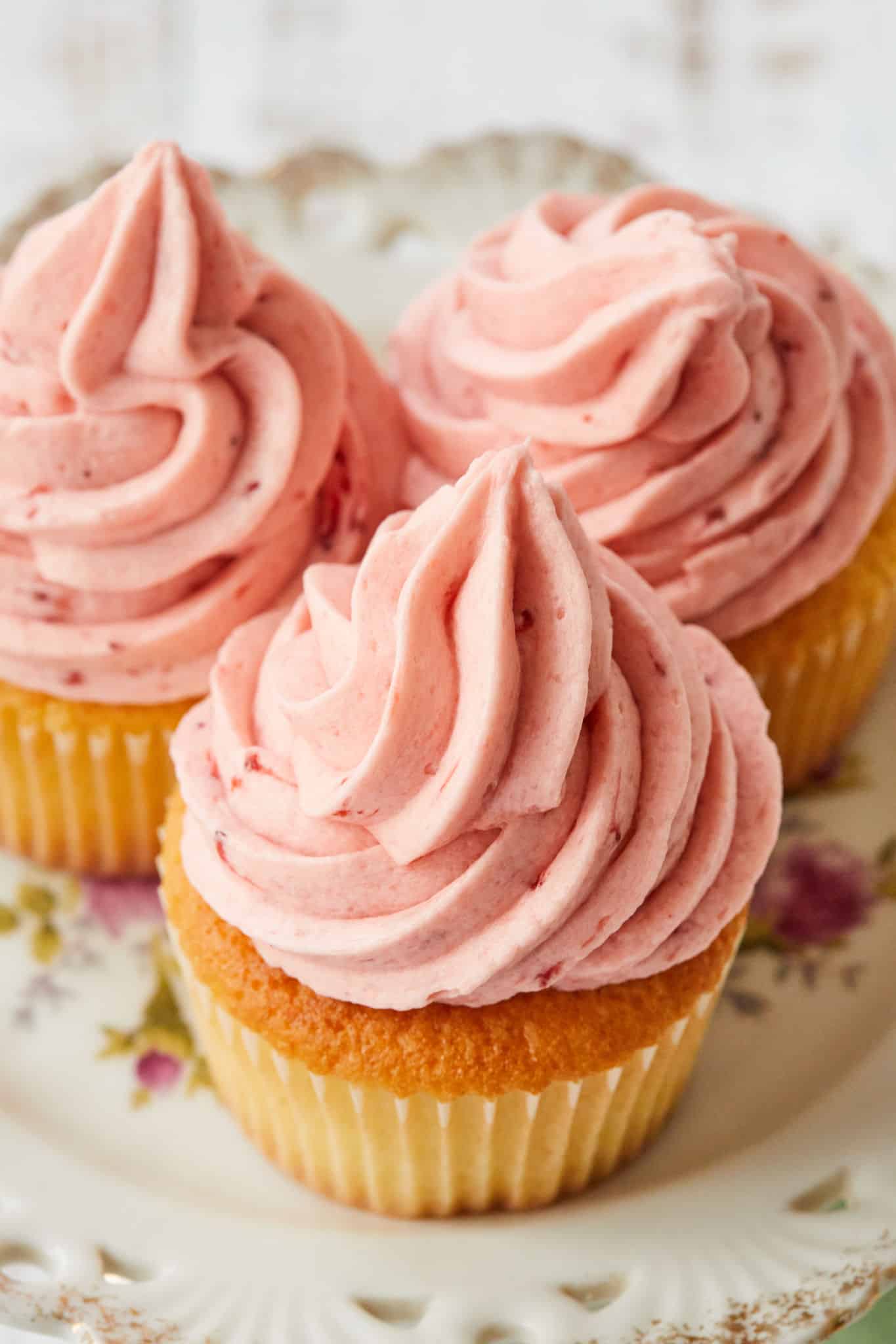 A close up of the texture in my Strawberry Buttercream Frosting