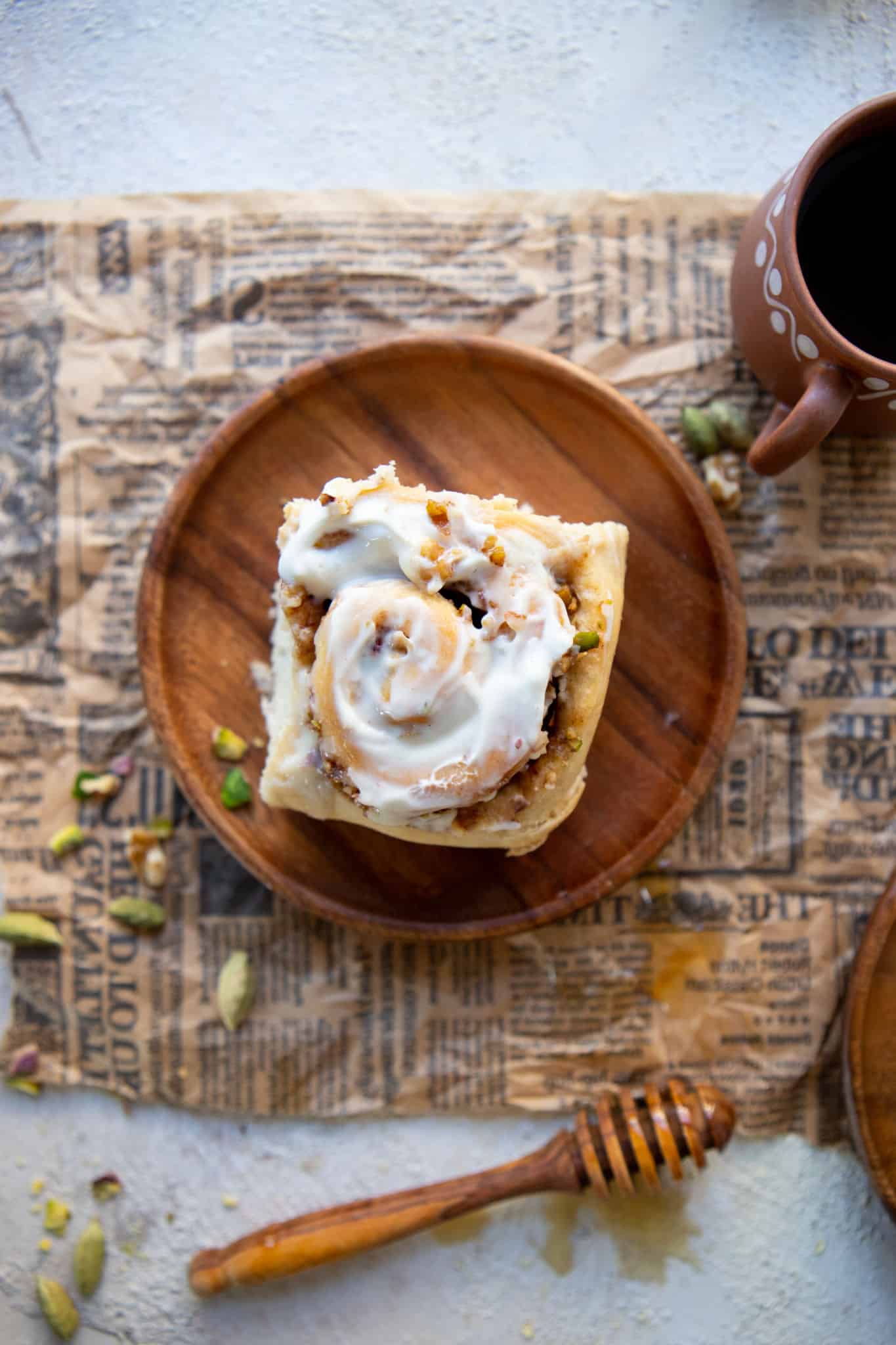 A top-down view of a cinnamon roll inspired by baklava.