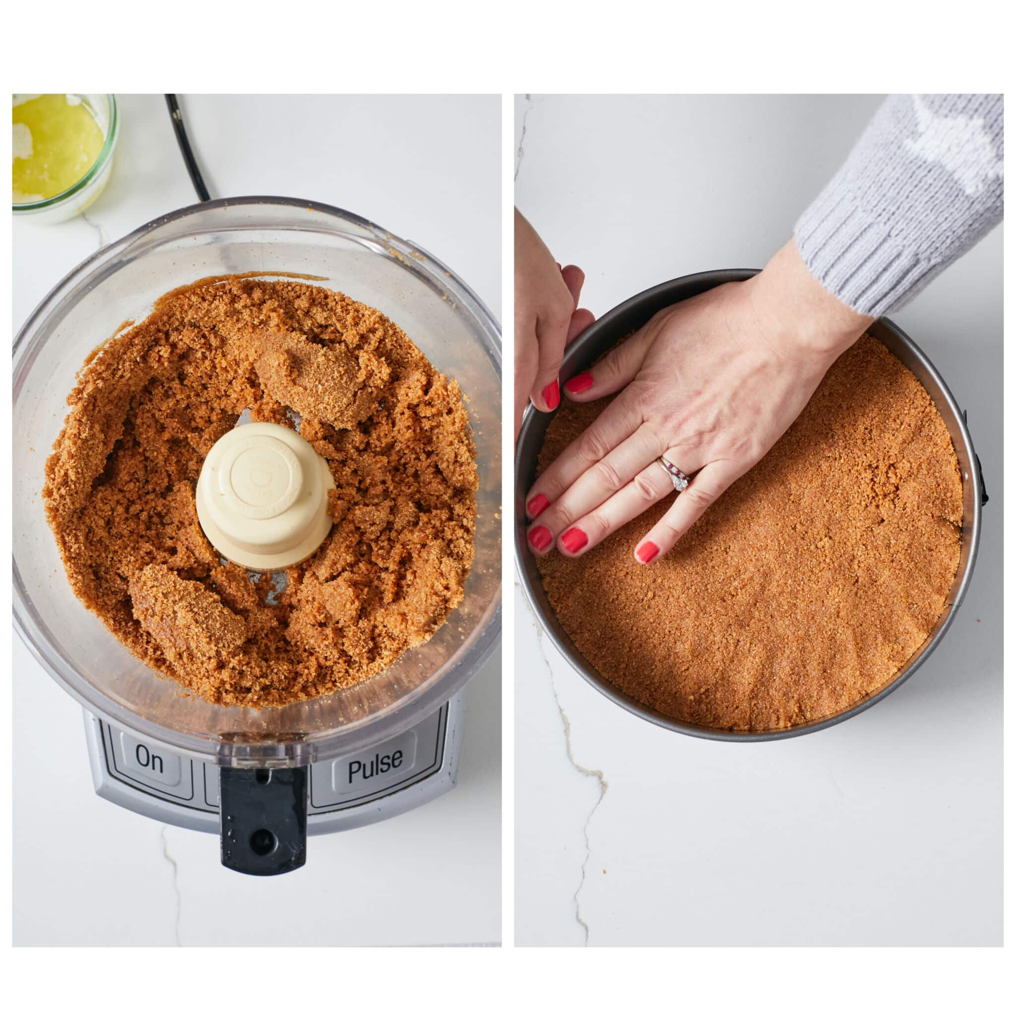 Step-by-step instruction on making the crust: blend cookies in a food processor with butter then press firmly into a spring form pan.