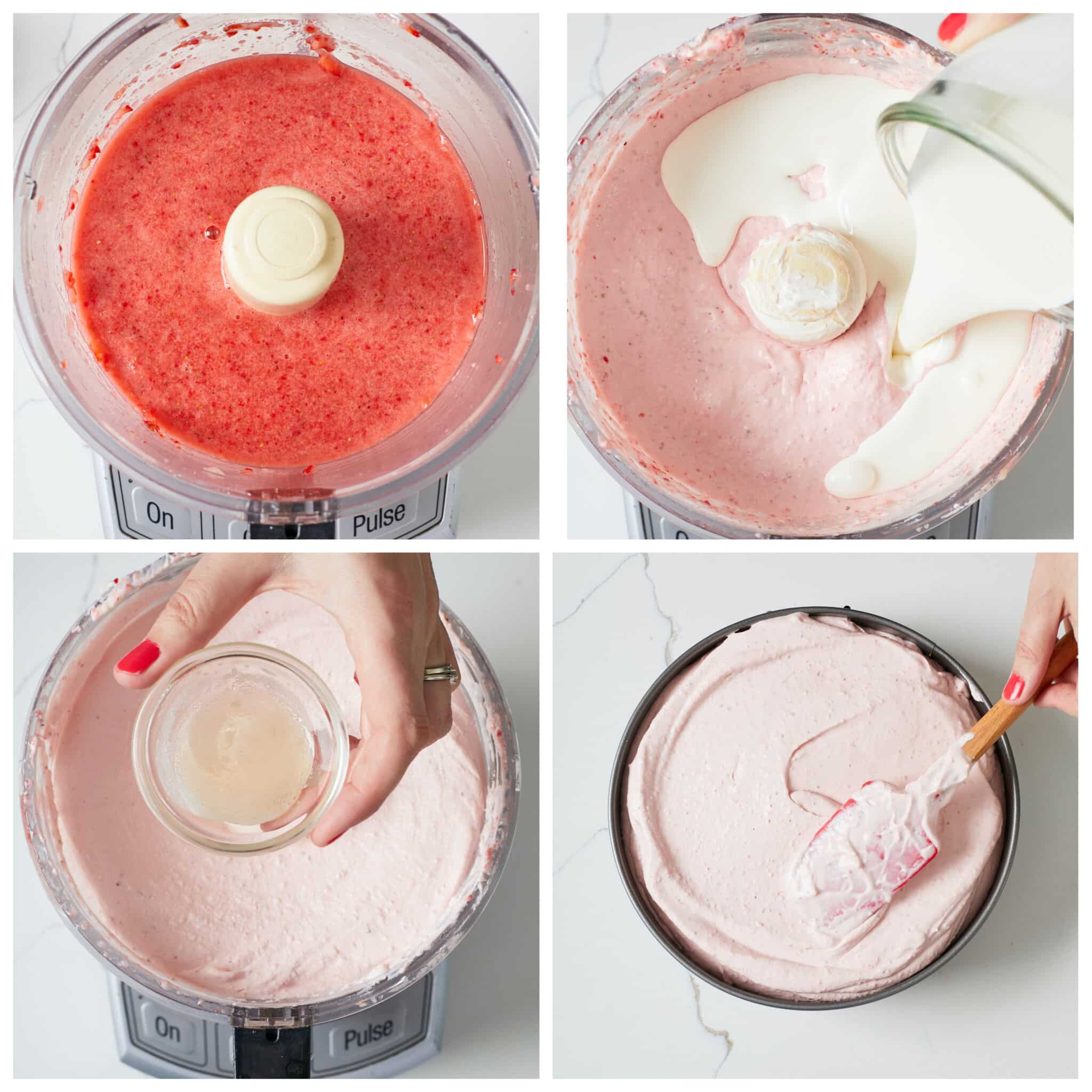 Step-by-step instructions on making the filling. Puree strawberries and sugar until lump free in a food processor. Add in the cream cheese and blend until smooth. While the machine is running, pour in the cream and the cooled liquid gelatin and continue blending until thickened. 