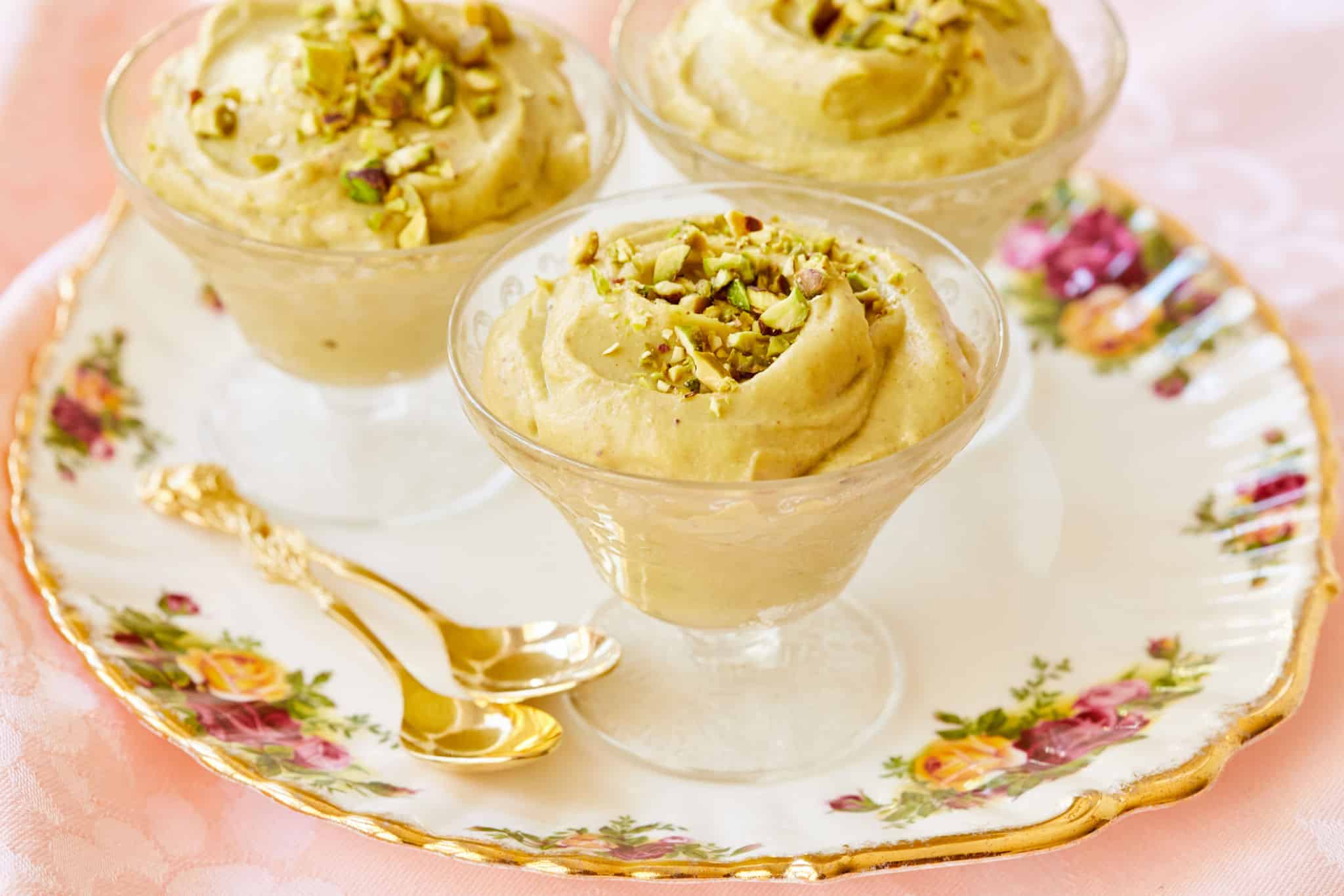 Serving dishes filled with pistachio pudding