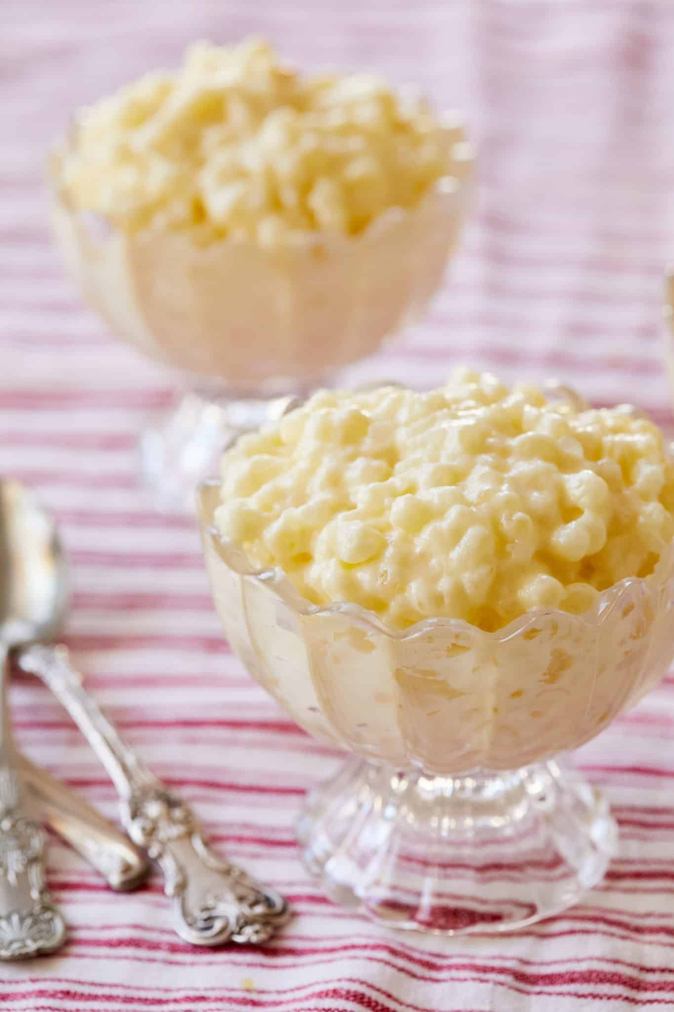 A close up of tapioca pudding served in glass dishes.