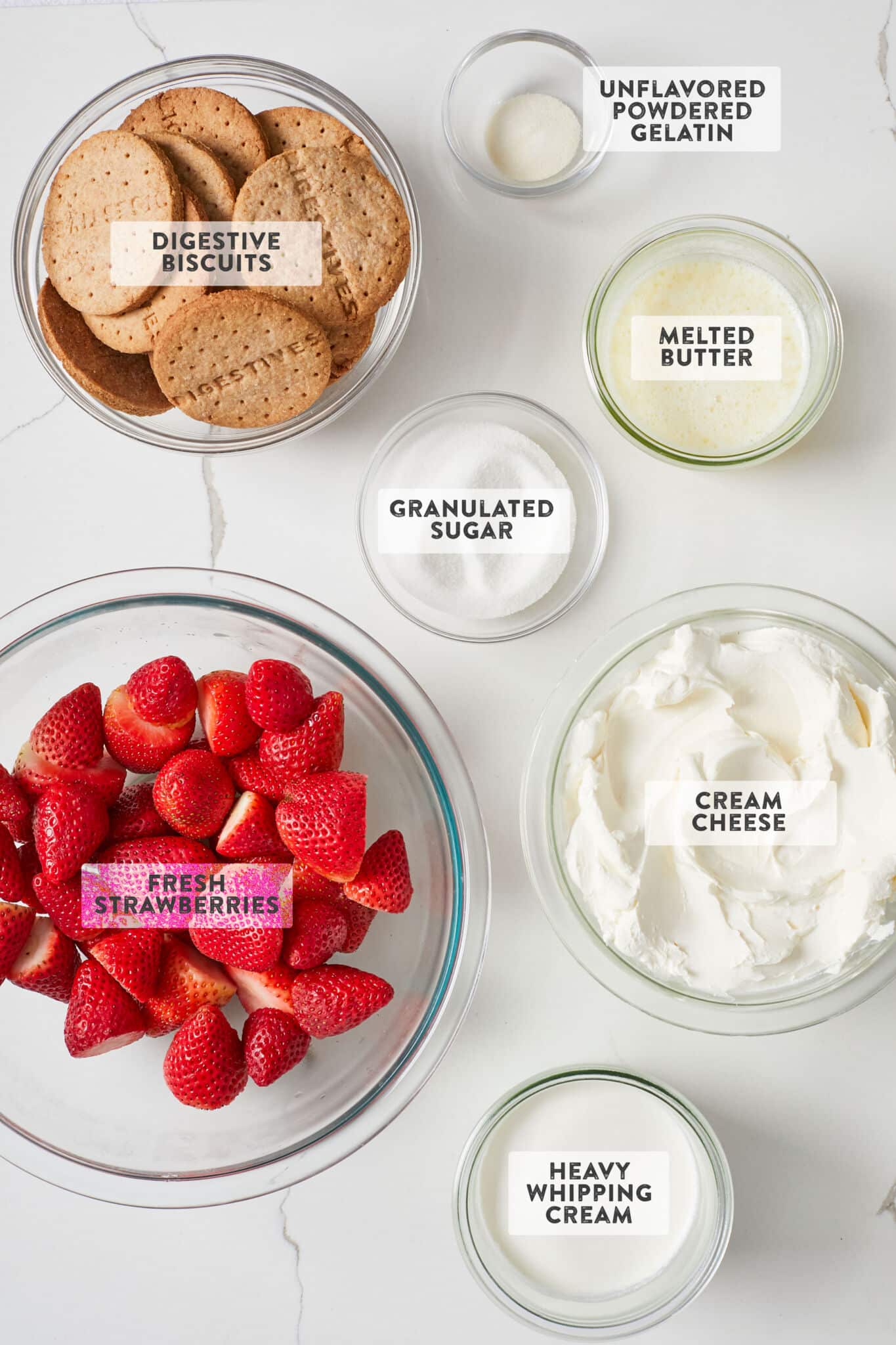 Ingredients for No-Bake Strawberry Cheesecake recipe.