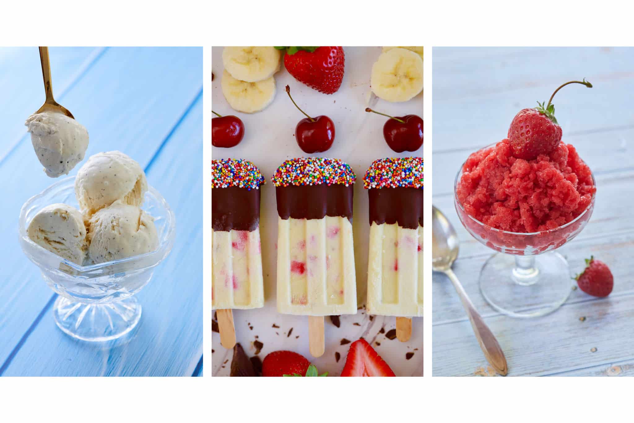 3 of the best frozen summer desserts side-by-side, including ice cream, popsicles, and granitas.