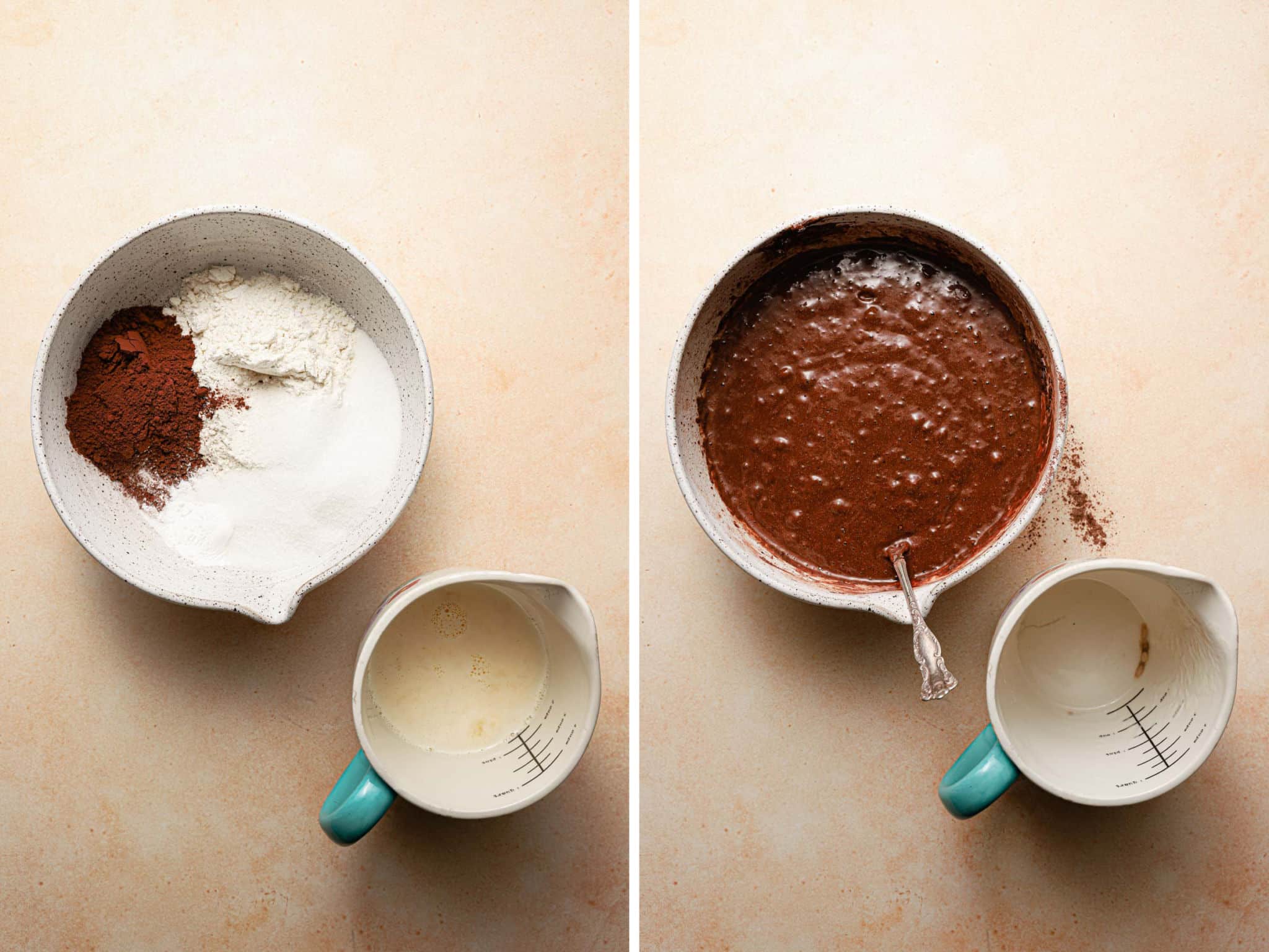 A side-by-side of chocolate pancake ingredients unmixed and then mixed.