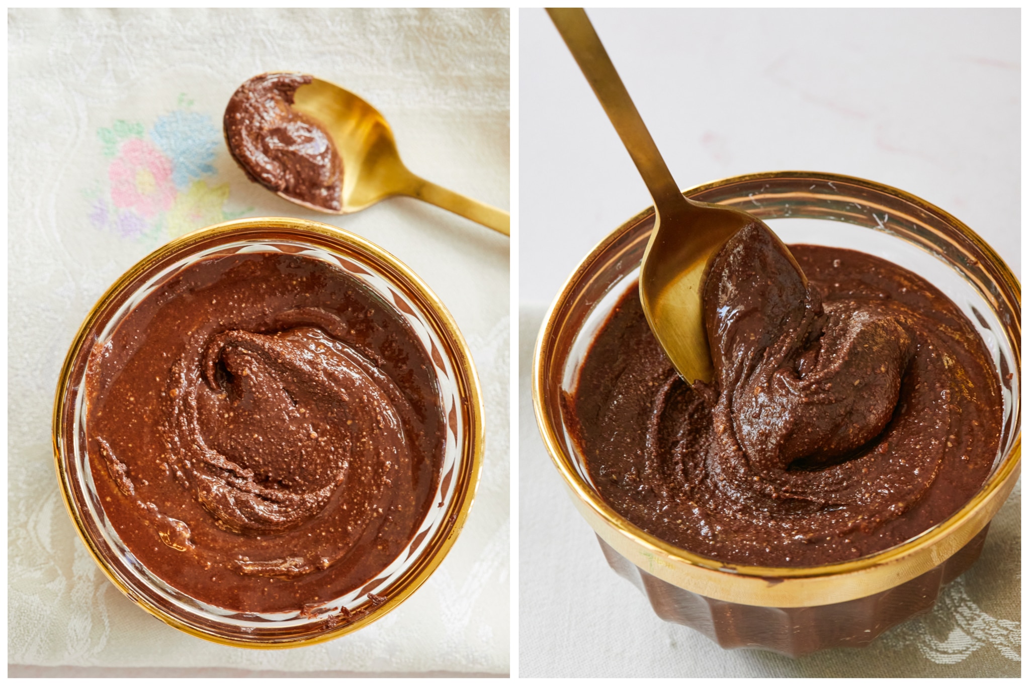 Finished Homemade Nutella in a bowl, shot from overhead, next to a photo of finished Homemade Nutella on the right, with a spoon in the glass bowl.
