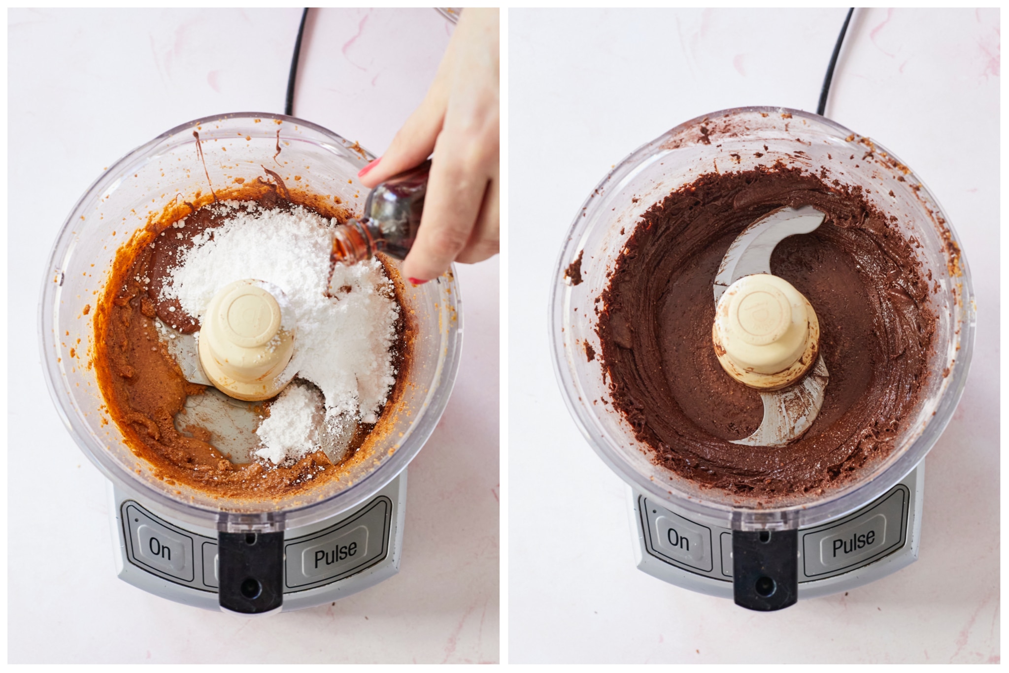 More ingredients being added to the food processor on the left, and the mixed Nutella spread on the right.