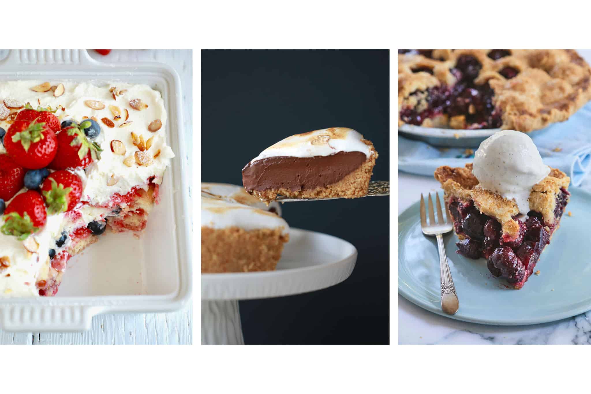 Tiramisu, smores pie, and cherry pie photos next to each other