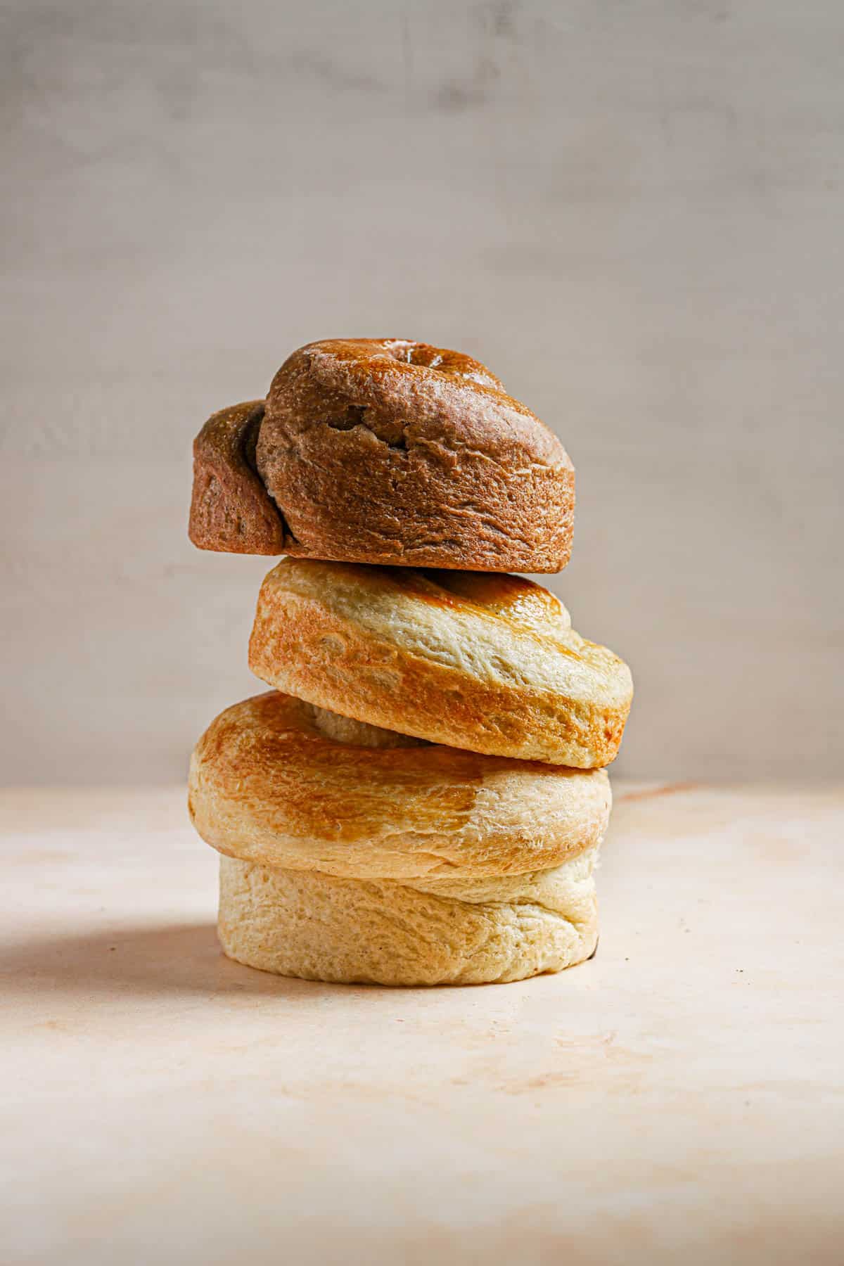 Three kinds of bread stacked on top of each other
