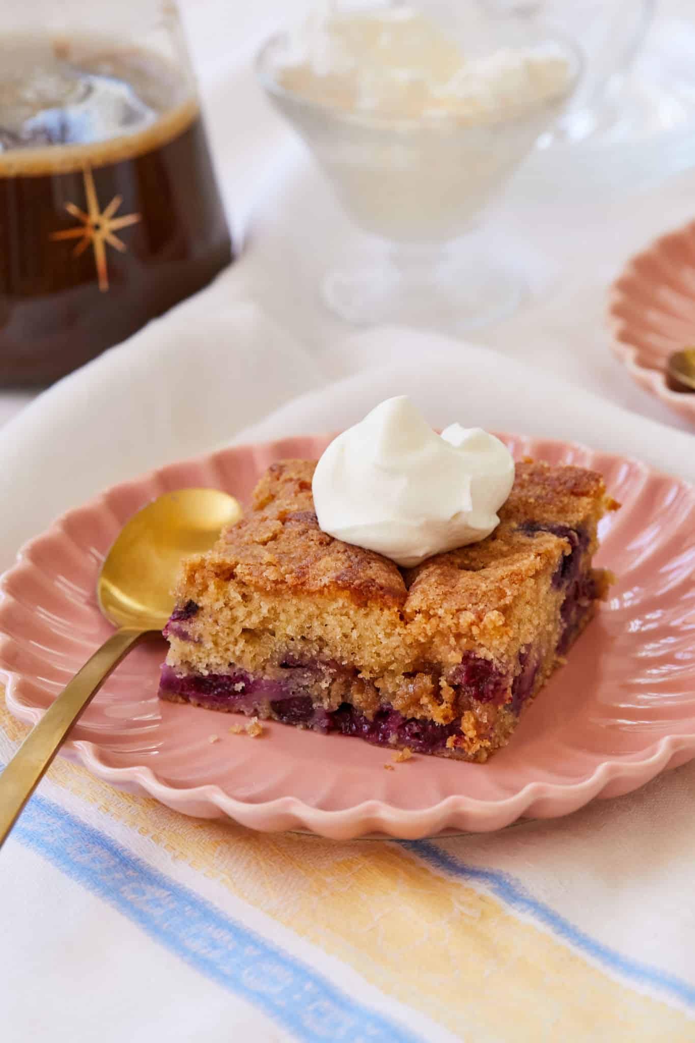 A slice of blueberry buckle with whipped cream on top
