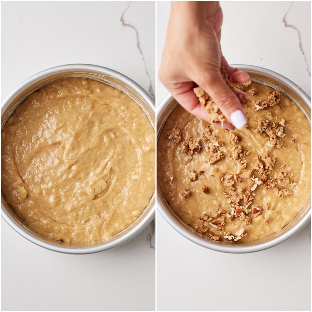 Spread half of the batter into the prepared pan. Sprinkle with one-third of the streusel and the cinnamon-sugar mixture.