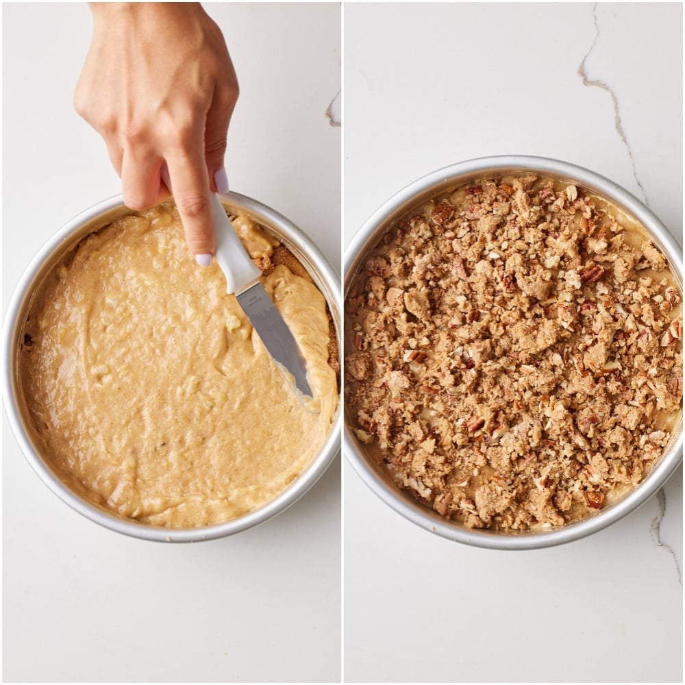 Top with the remaining batter, smooth the surface with an offset spatula, and sprinkle with the remaining streusel.