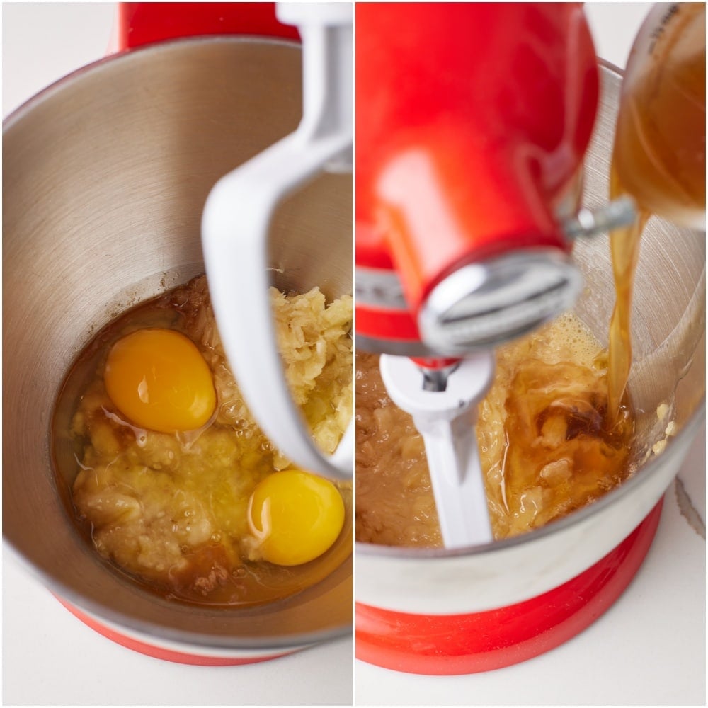 Mix wet ingredients in the stand mixer for hummingbird cake.