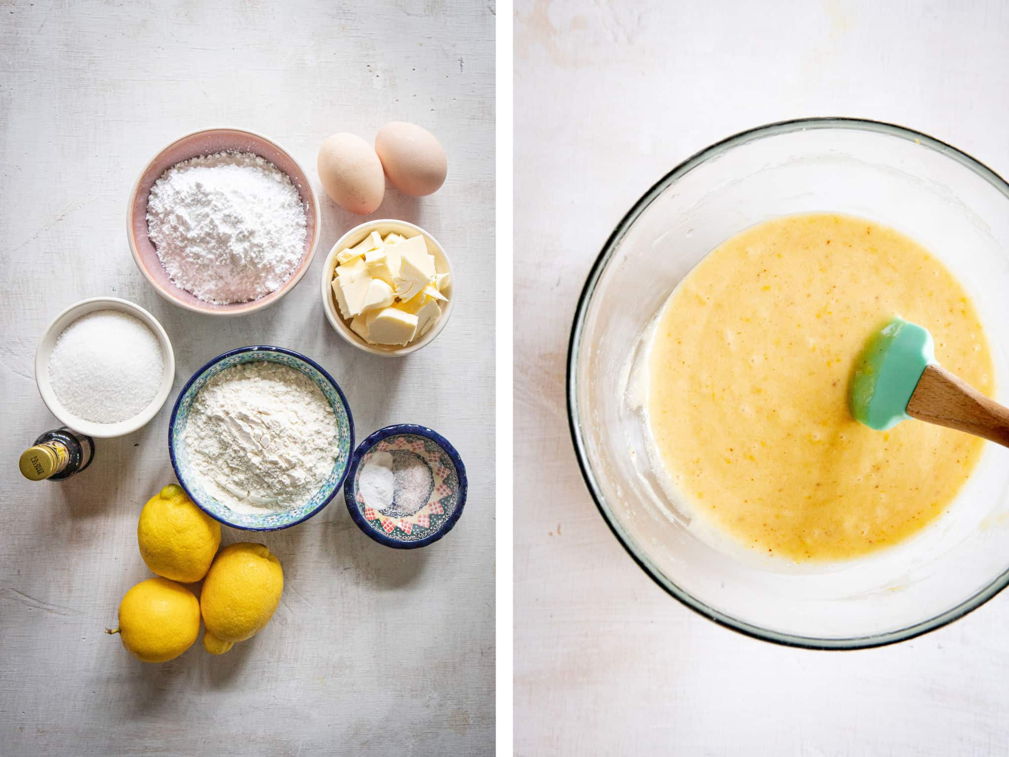 Lemon Blondies ingredients next to a bowl mixed