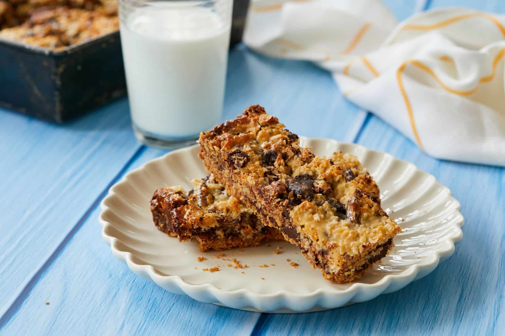 Three homemade Magic Bars are served on a white plate next to a glass of milk. The Magic Bars show a layers of graham cracker crust, shredded coconut, toasted pecans, and chocolate.