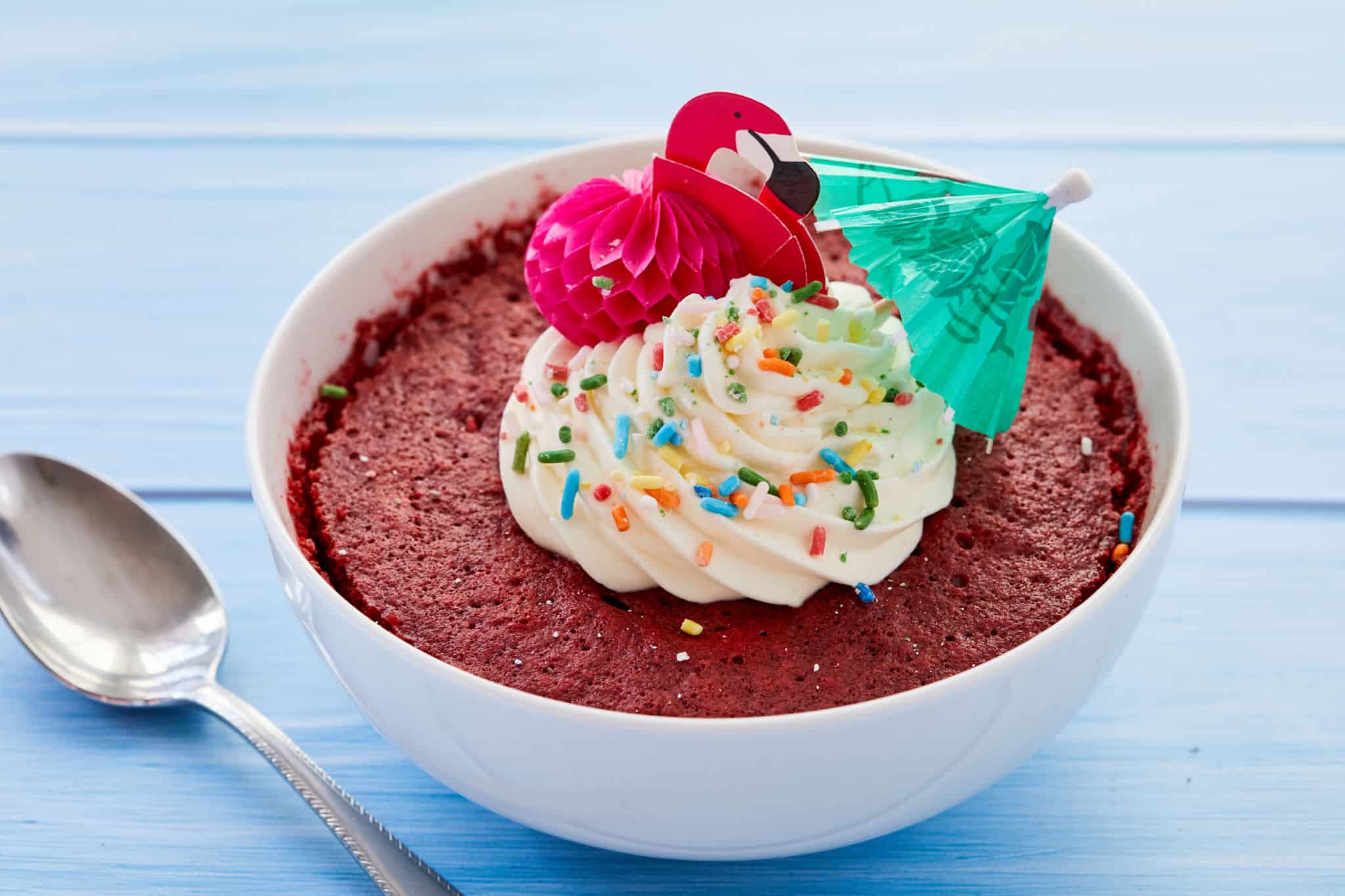 A red velvet cake bowl made in the microwave.