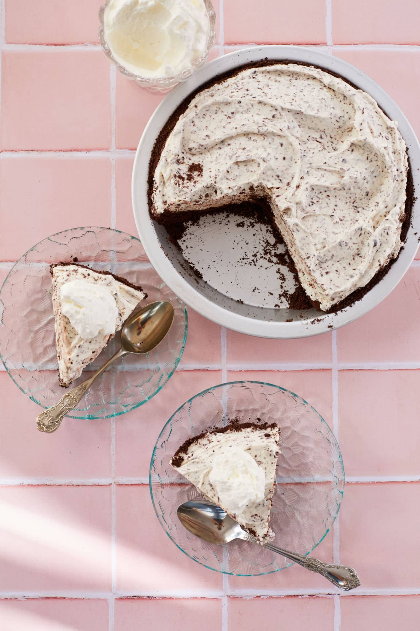 Mint Ice Cream Pie with slices removed.