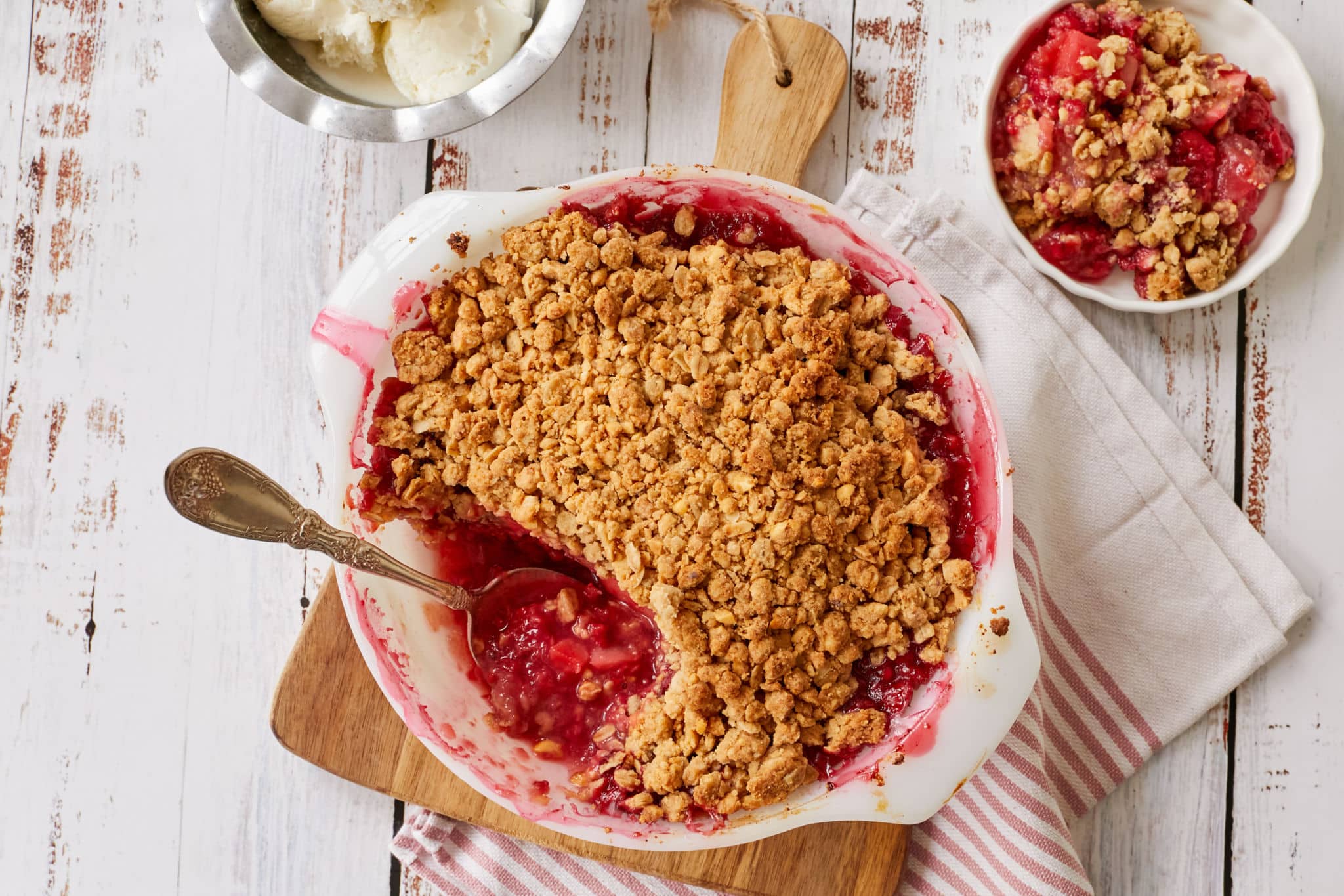 Peanut Butter and Jelly Crisp in a baking dish