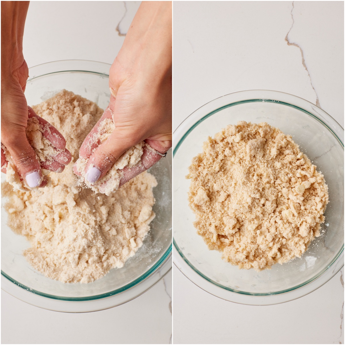 Rub in butter for streusel topping until no large pieces.