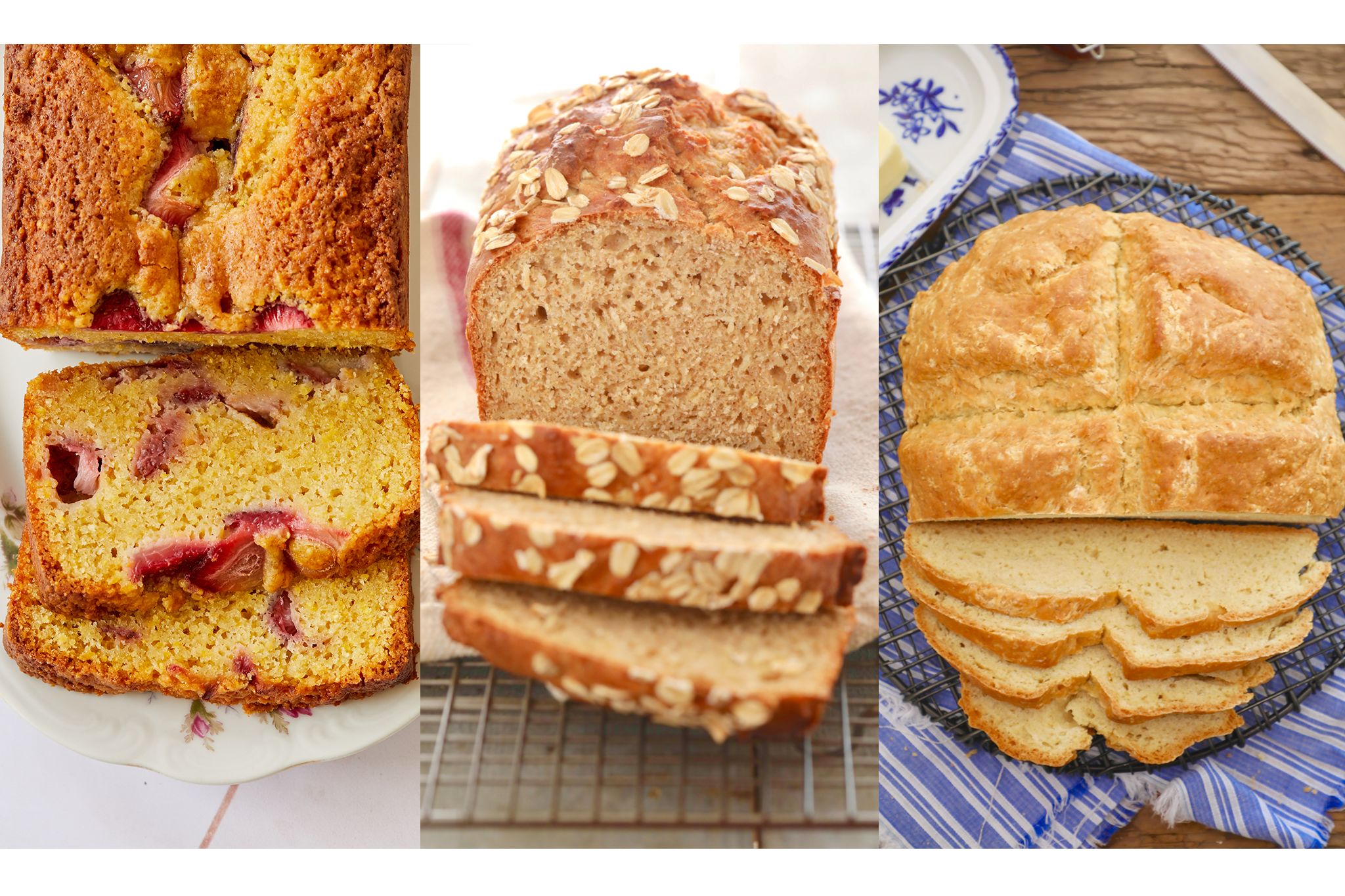 Strawberry cornmeal bread, hearty no-yeast bread, and simple white irish soda bread side-by-side.