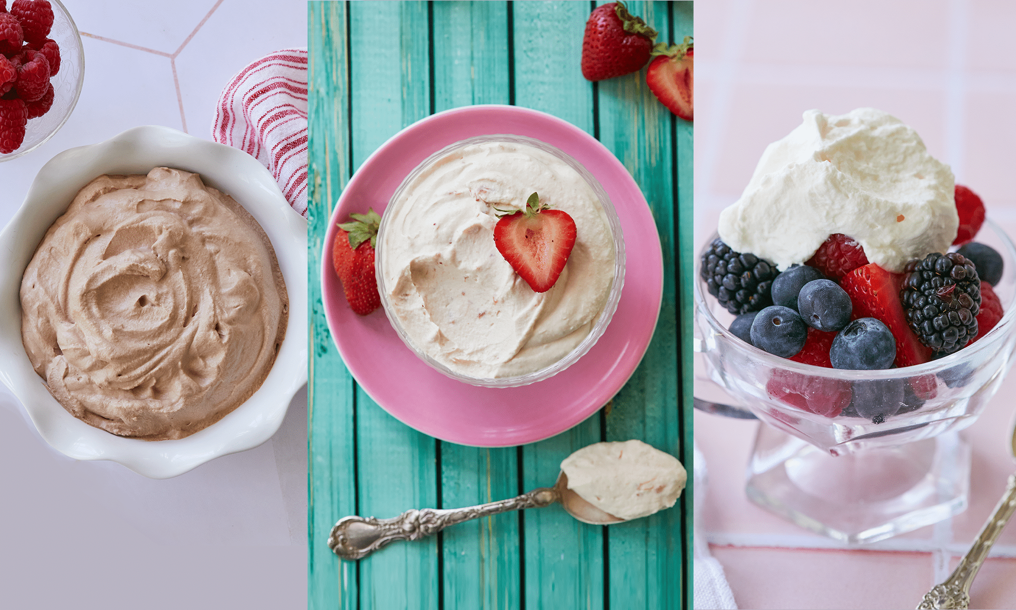 Three bowls of whipped cream flavors are side by side in a stitched together photo, including chocolate whipped cream, strawberry whipped cream, and creme fraiche.