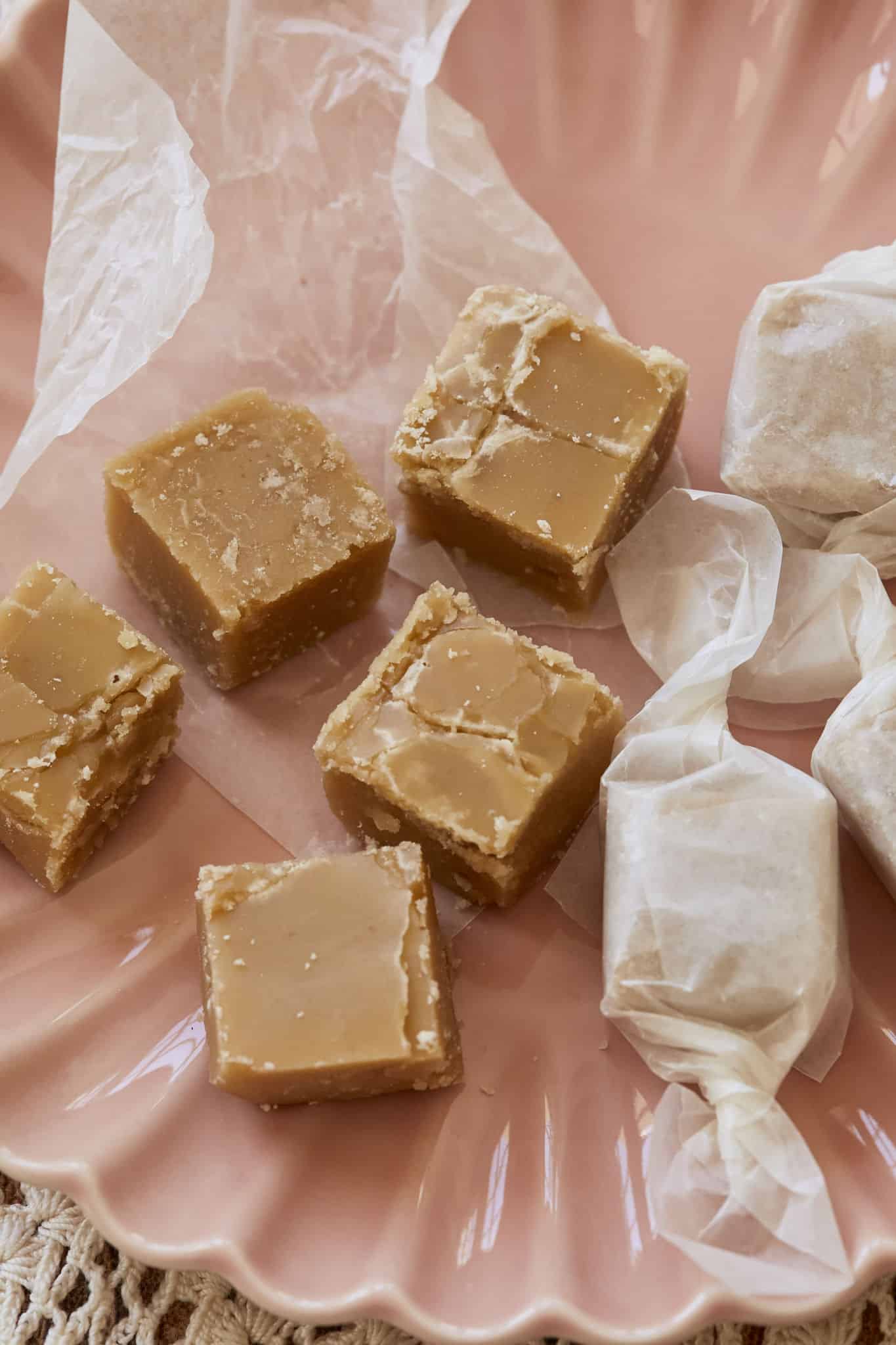 A closeup image of the maple candy shows that it almost has a fudge-like texture. 