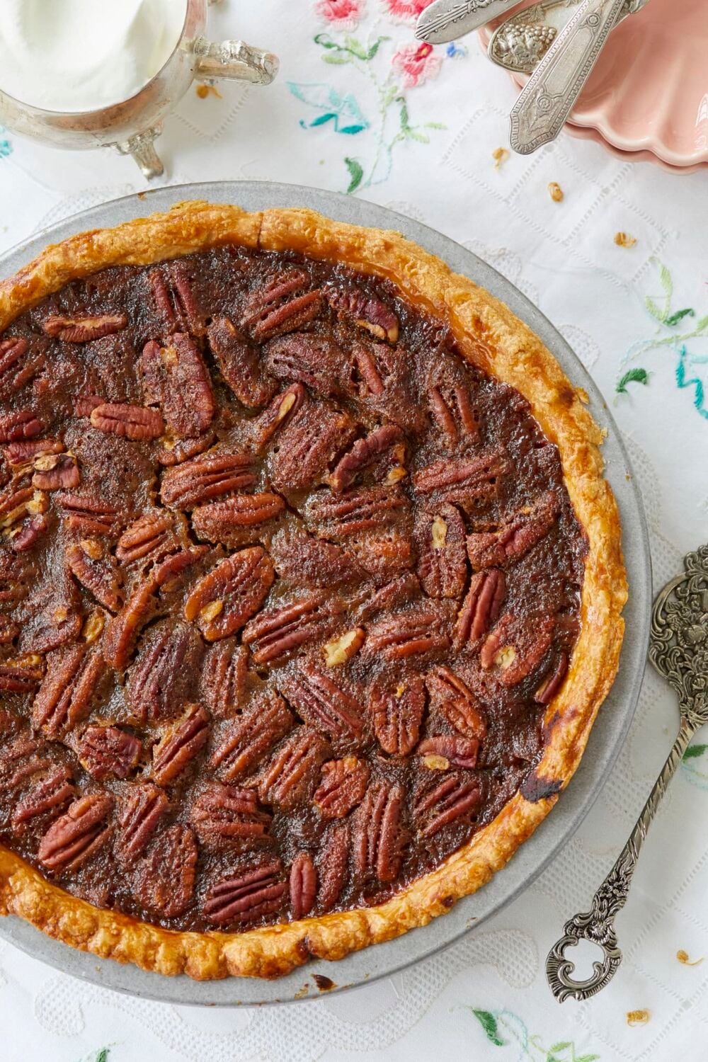 Pumpkin pecan pie2 Top down view of a whole pumpkin pecan pie.