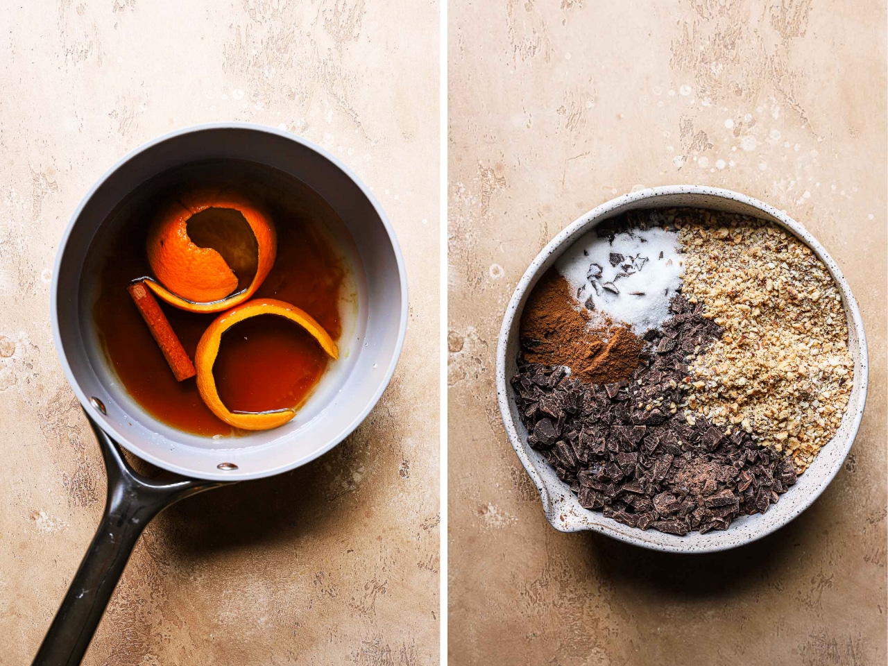 A split image. On the left, orange peels are soaking in honey in a sauce pan. On the right, dry ingredients to make chocolate baklava are presented in a bowl. 