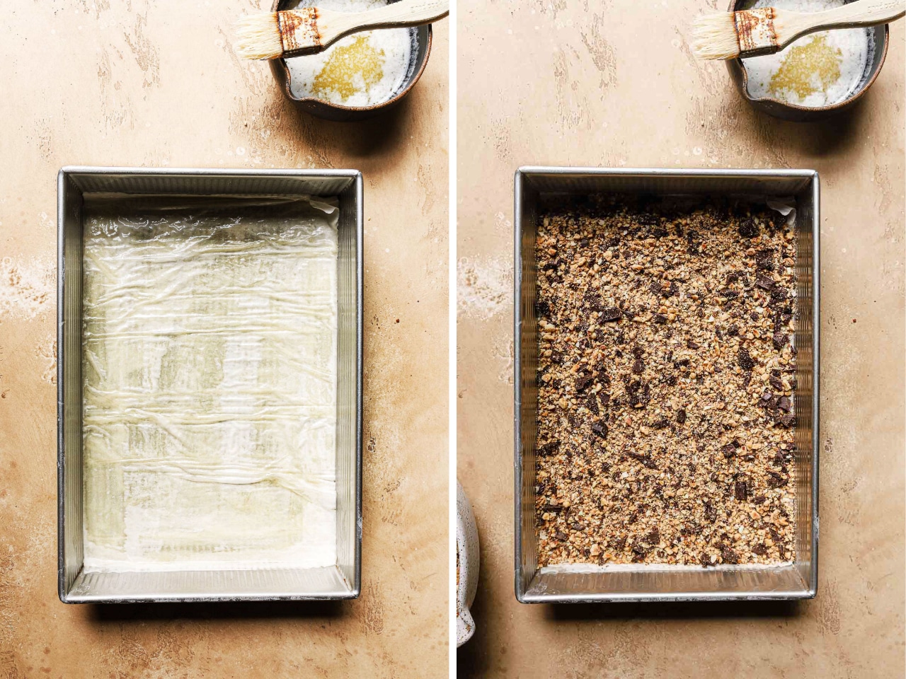 Two image: on the left, a filo sheet is spread over the bottom of the baking pan. On the right, the chocolate baklava filling is layered on top of the filo.