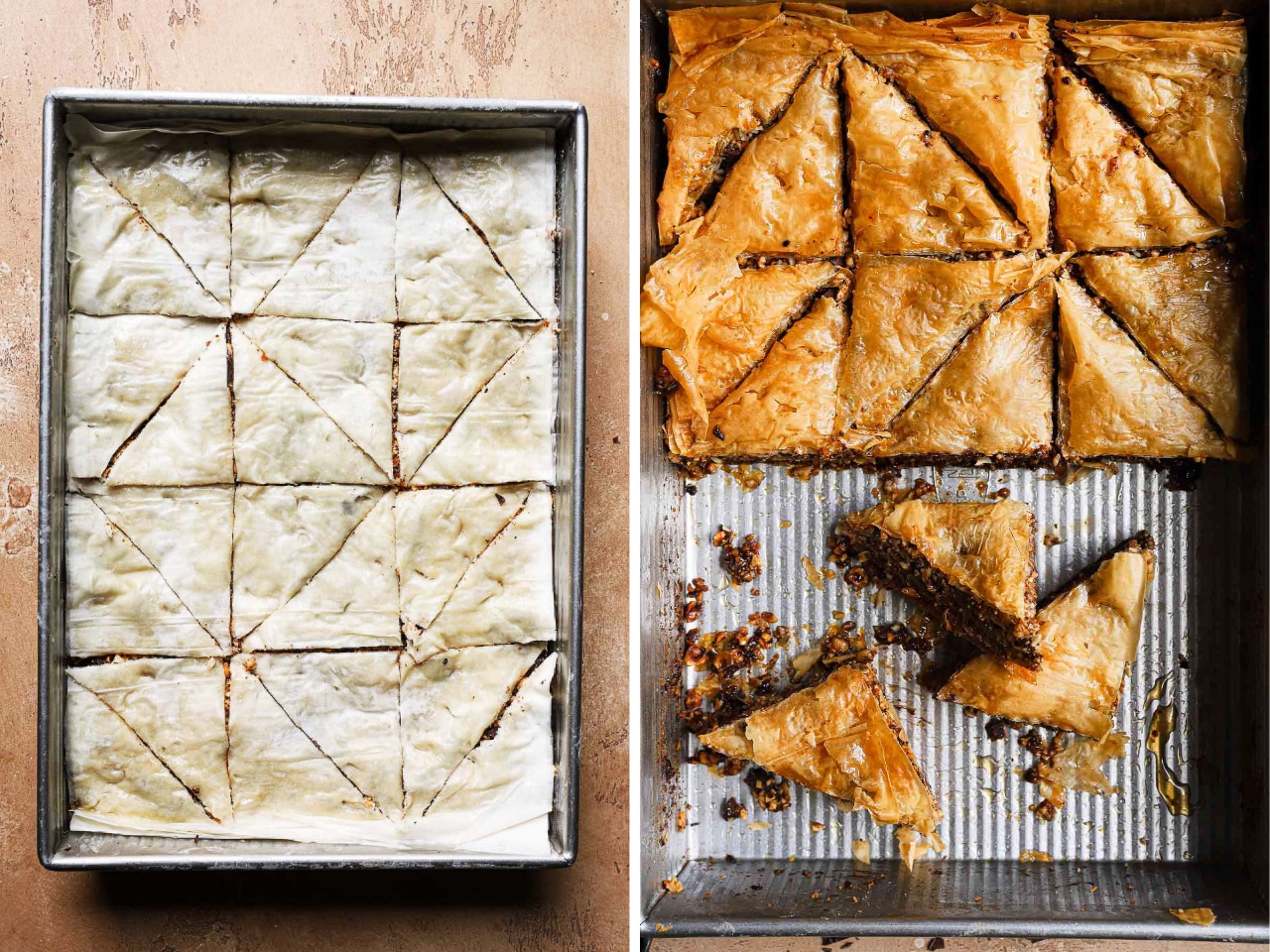 On the left is an image of homemade baklava before baking; it is precut before baking. On the right is an image of baked baklava, with crispy golden filo and chocolate, nutty filling.