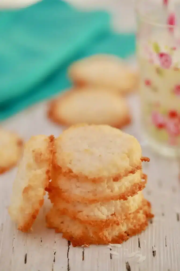 A stack of 3-Ingredient Coconut Cookies are piled in the forefront of the picture, with another cookie leaning against them. They are golden brown with noticeable coconut shreds. 