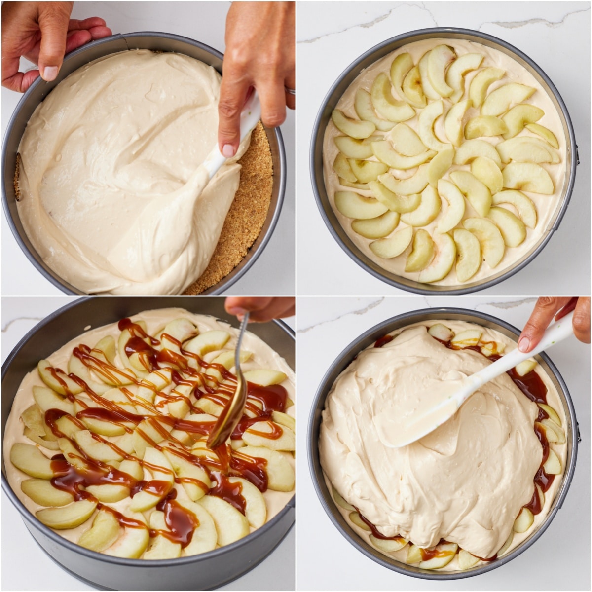 Caramel Apple Cheesecake step7 Pour half of the cheesecake batter onto the cookie crust, then layer in the cooled apple slices. Drizzle the apples with half of the salted caramel sauce. Top with the remaining cheesecake batter.
