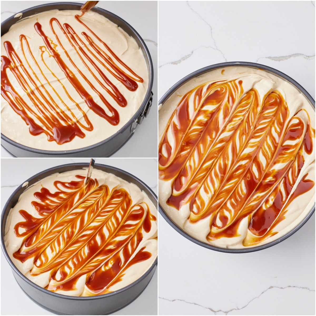 Caramel Apple Cheesecake step8 Drizzle the remaining salted caramel sauce on top of the cheesecake. Using a thin knife, swirl the caramel into the cheesecake batter in a zigzag pattern.