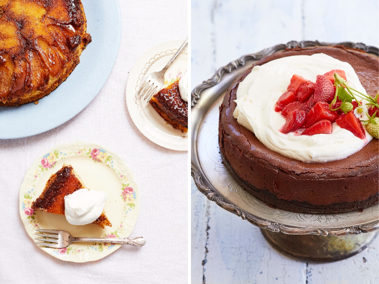 A side-by-side photos of Gemma Stafford's Fall Apple Cinnamon Upside-Down Cake and Chocolate Lover's Cheesecake with Strawberry Compote from her new cookbook, "Bigger Bolder Baking Every Day." 