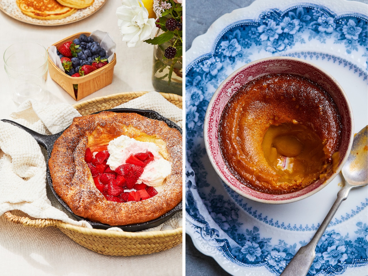 A side-by-side photo of Gemma Stafford's 10-Ingredient Dutch Baby Pancake next to Dulce De Leche Lava Cake from her new cookbook, "Bigger Bolder Baking Every Day."