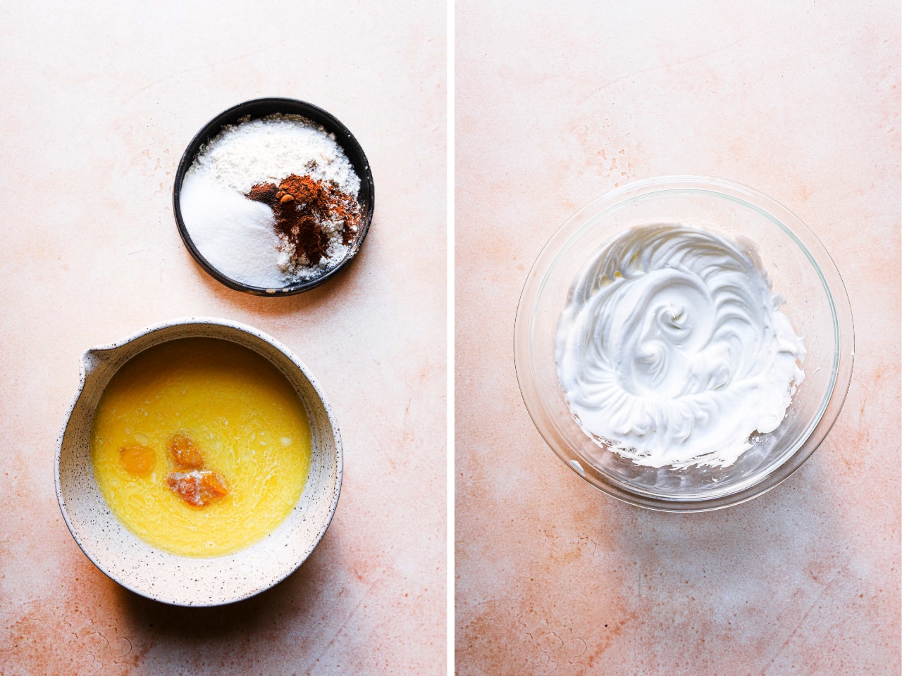 A side-by-side picture shows, on the left, a mixing bowl filled with liquid ingredients and another bowl with dry ingredients. The photo on the white shows a mixing bowl with whipped egg whites.
