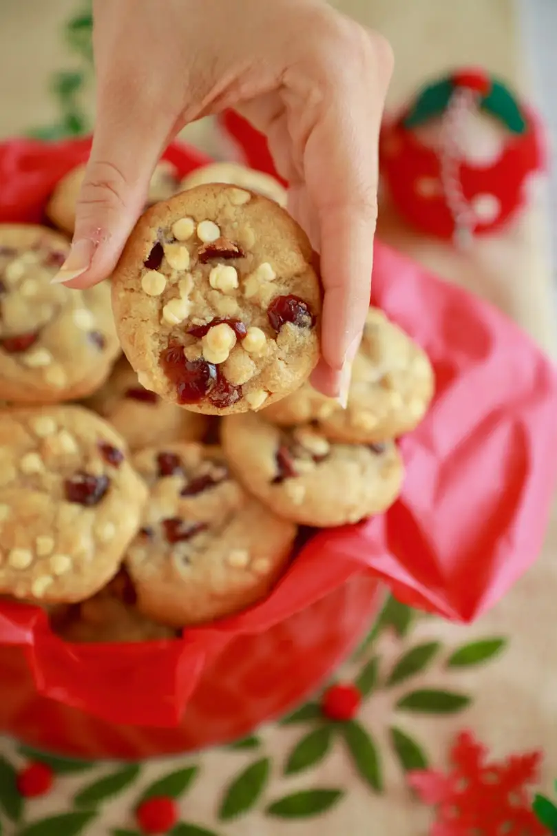 A hand holds a cranberry and white chocolate cookie above a batch of cookies resting in a red bowl with red tissue paper.