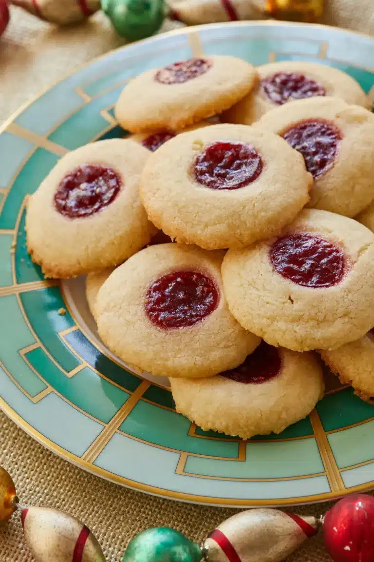Homemade thumbprint cookies on a green platter. The shortbread cookies have a dimple of red jam in the middle.