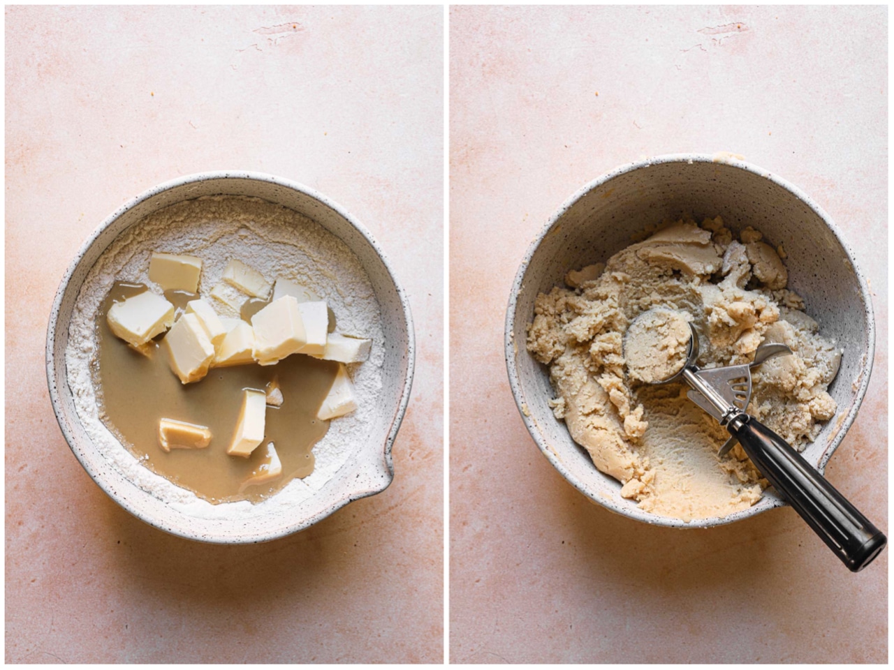 A side-by-side photo. The left side shows a mixing bowl filled with flour, tahini, and cubes of butter. On the right, the dough has been mixed and a cookie scoop rests inside.