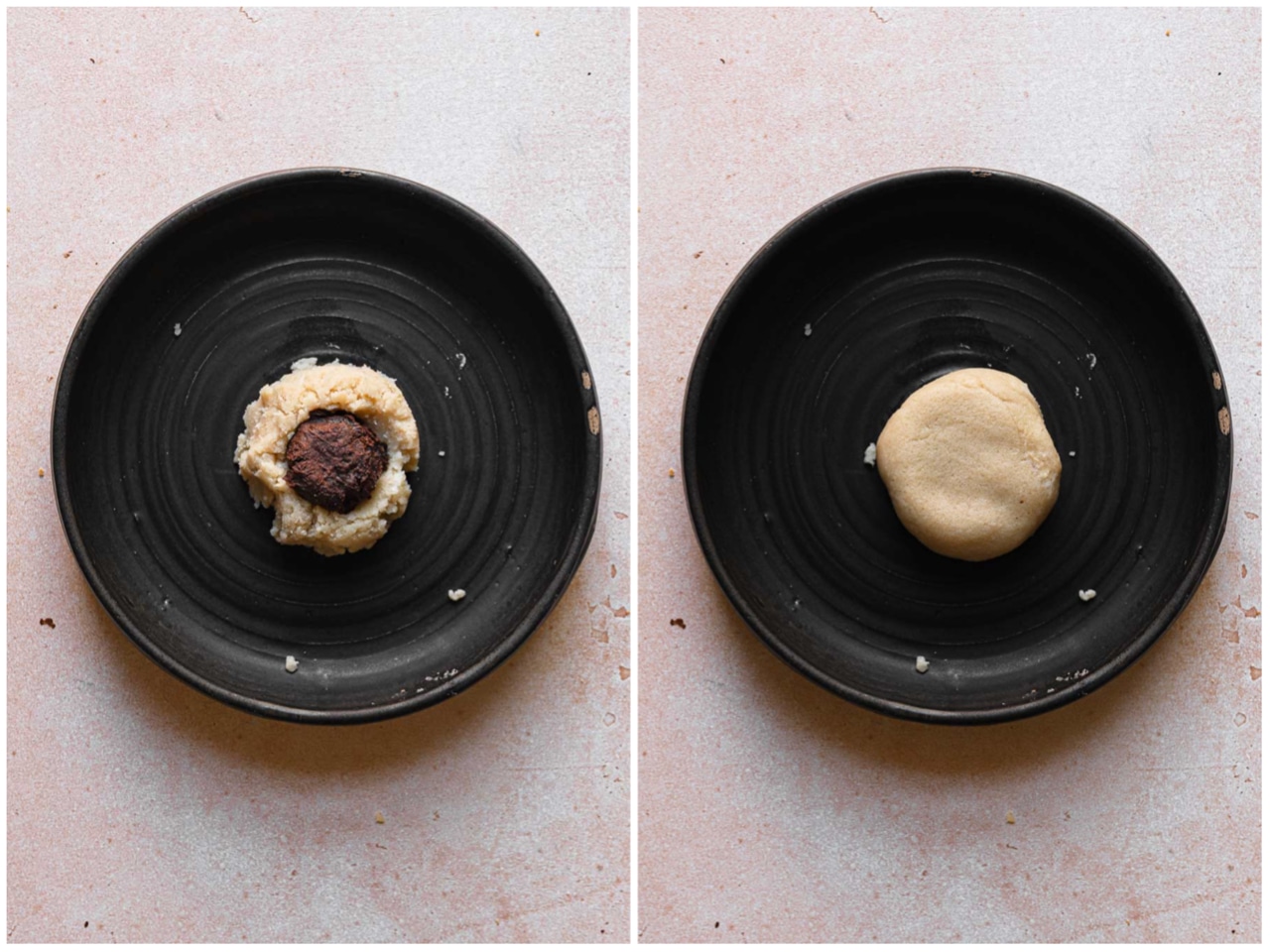 A side-by-side photo shows a scoop of chocolate ganache resting in the cookie dough, and then the cookie dough covering the chocolate ganache completely. 