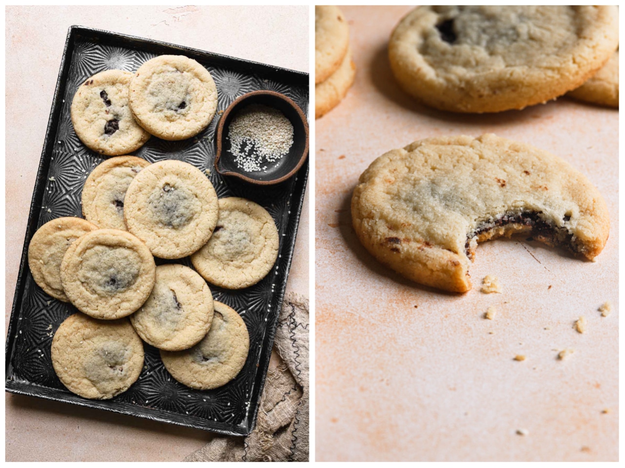 A side-by-side photo. On the left, ten chocolate tahini cookies are presented on a black tray next to a small bowl filled with sesame seeds. On the right, a cookie with a bite taken out of it rests on a table. 