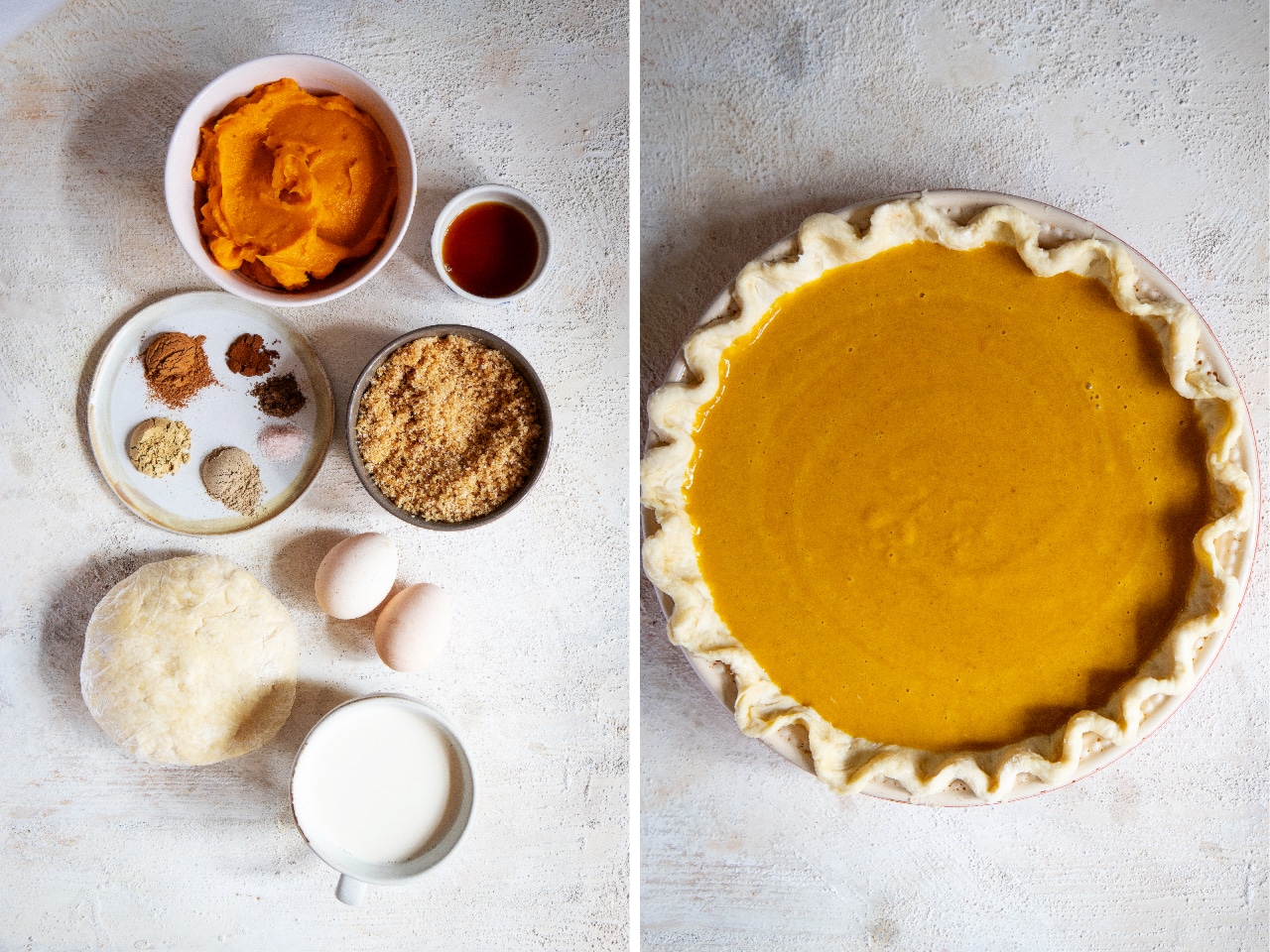 A photo of ingredients: pumpkin puree, spices, eggs, sugar, milk, and vanilla next to an image of the pumpkin pie filling inside the pie crust, on a white table.