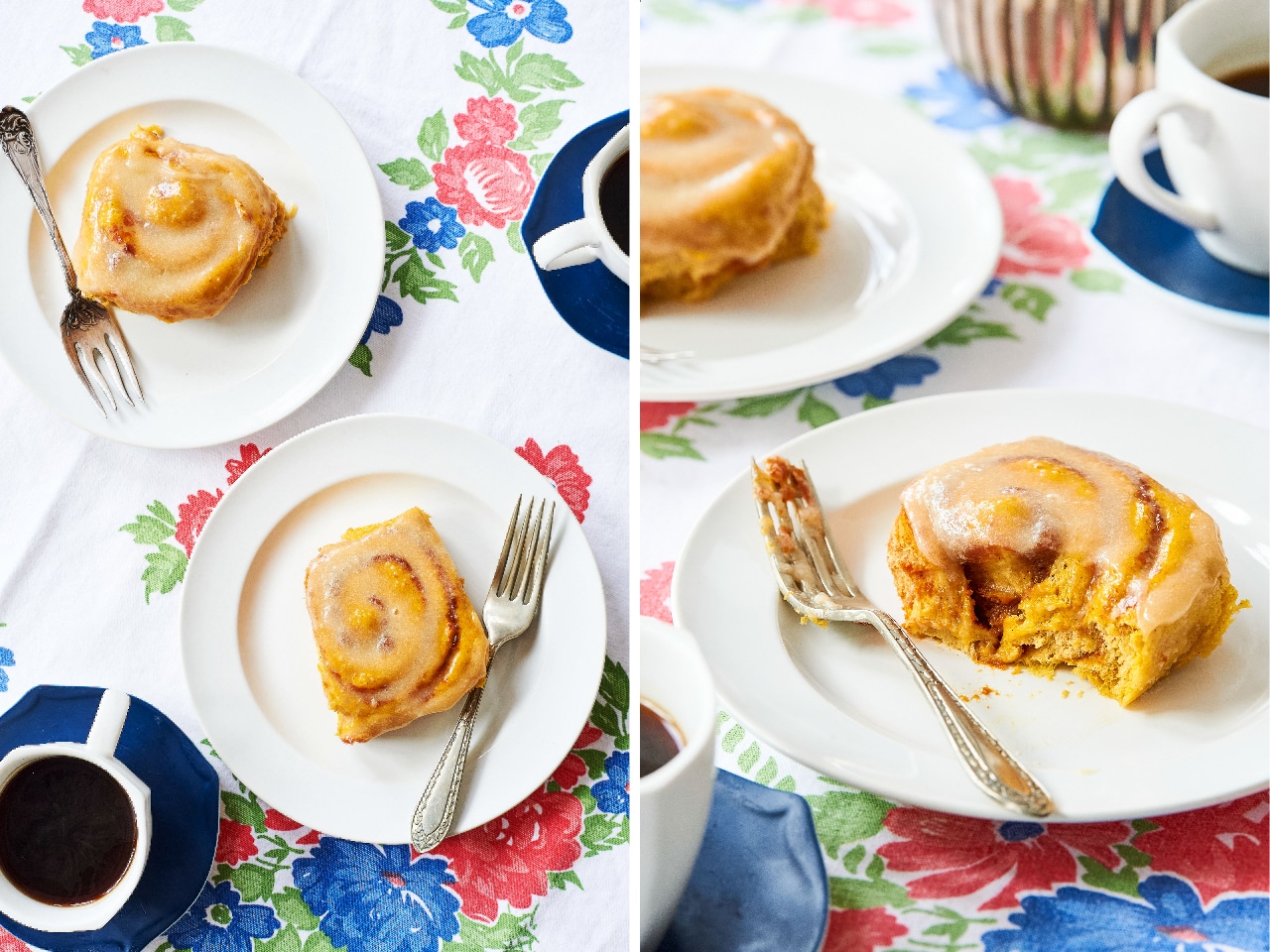A side-by-side photo. On the left, two cinnamon rolls are served on white plates. They are topped with cream cheese glaze. On the right, one of the finished cinnamon rolls has a bite taken out of it, showing the pumpkin butter swirl.