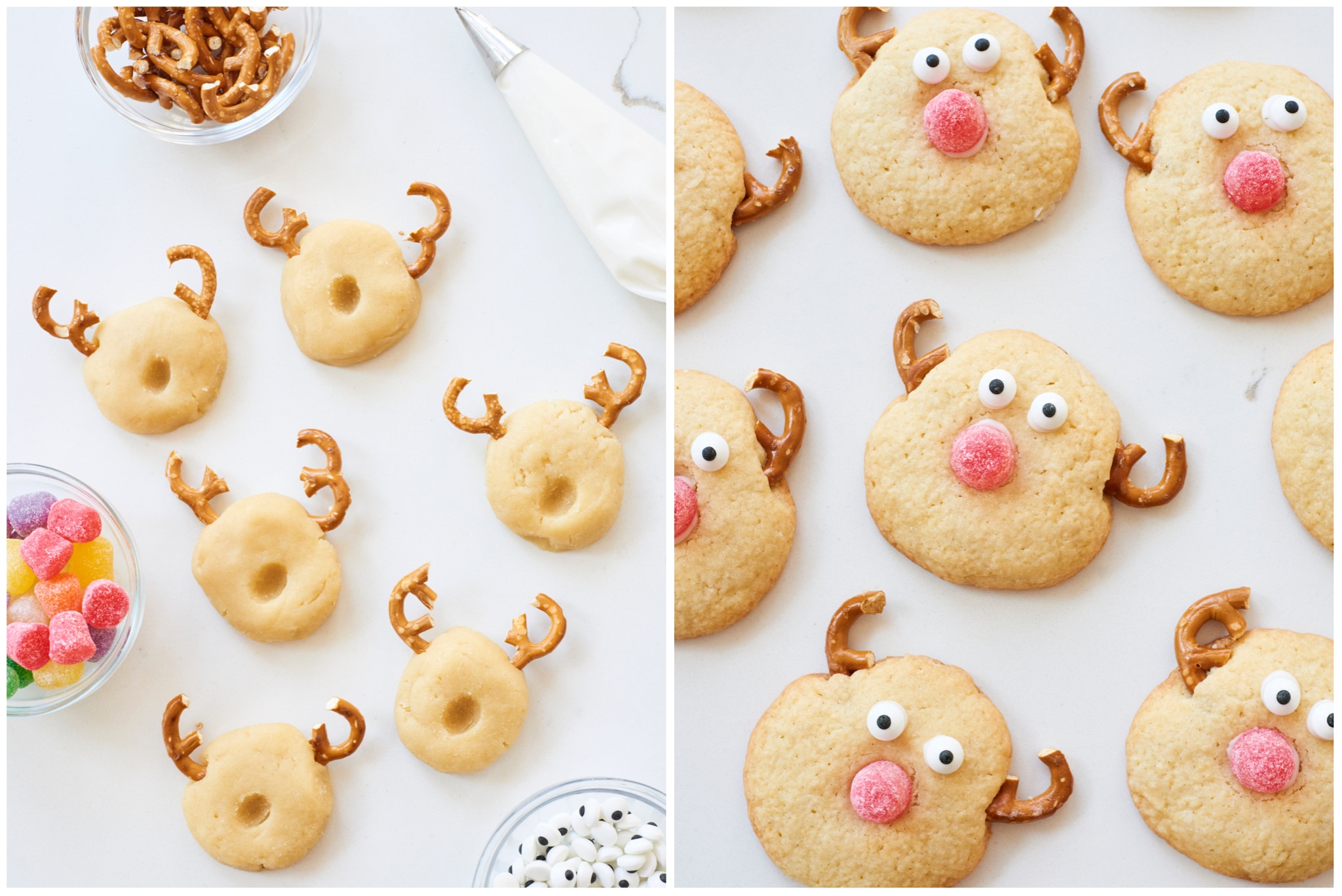 The stage of homemade Reindeer Cookies made with sugar cookie dough. The reindeer cookies have pretzel antlers, gumdrop noses, and edible eyeballs.