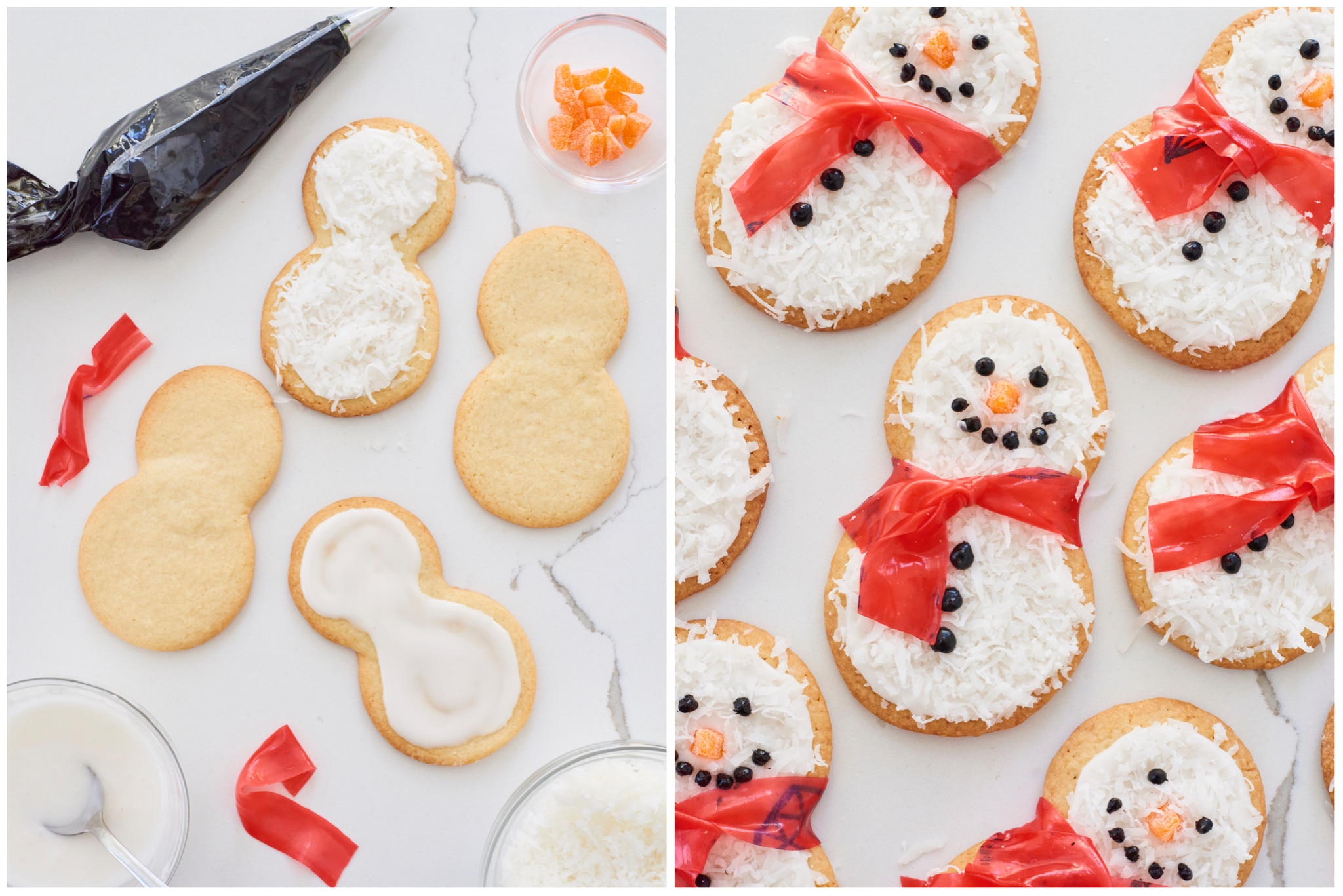 Festive Snowmen Cookies are shown in stages of decoration. The sugar cookies are coated in a homemade icing, covered in coconut flakes, with eyes, mouth, and buttons made from black icing. The snowman's scarf is made with fruit roll-ups and the nose is an orange gumdrop.