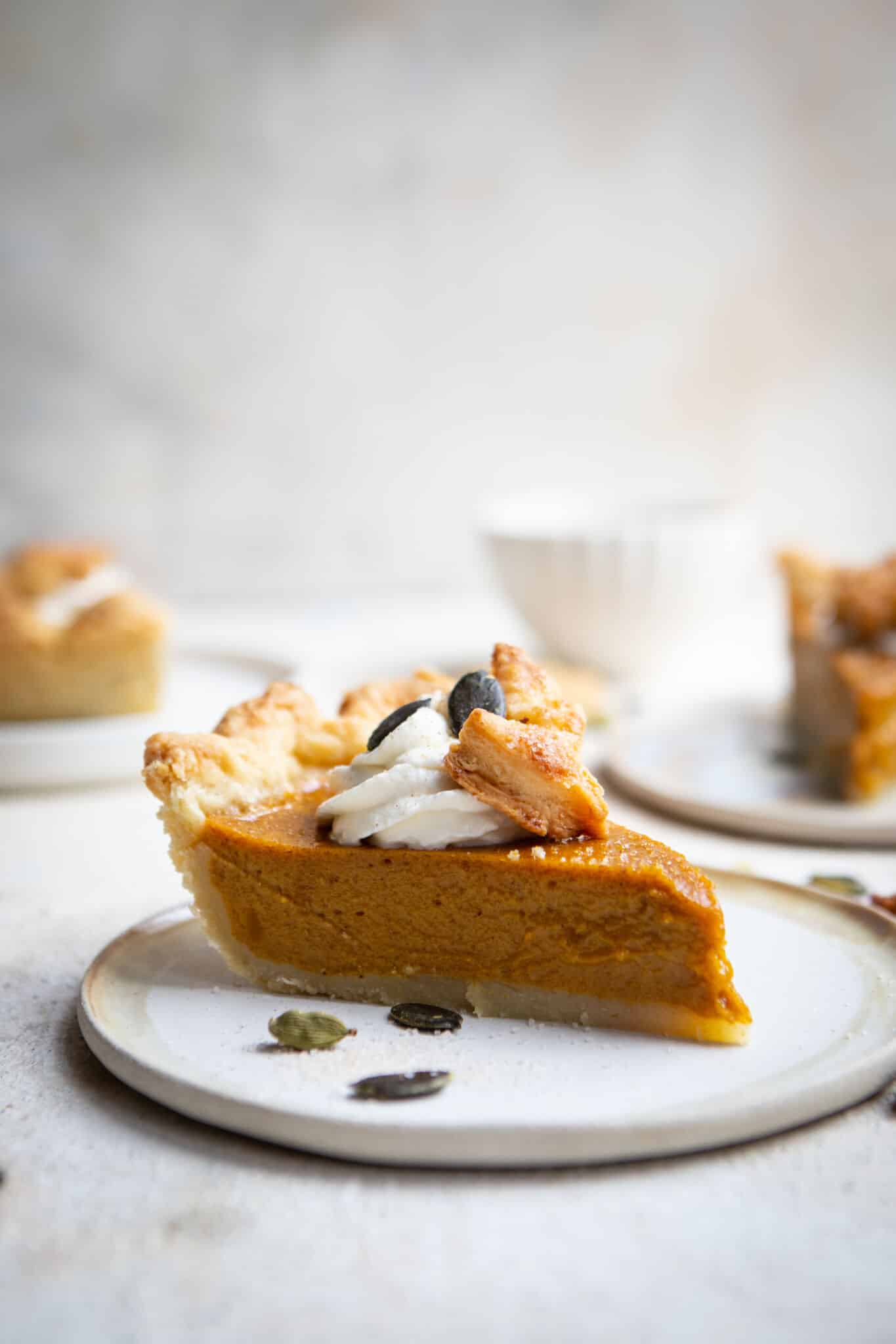 A slice of chai pumpkin pie with whipped cream and pumpkin seed garnish on a white plate.