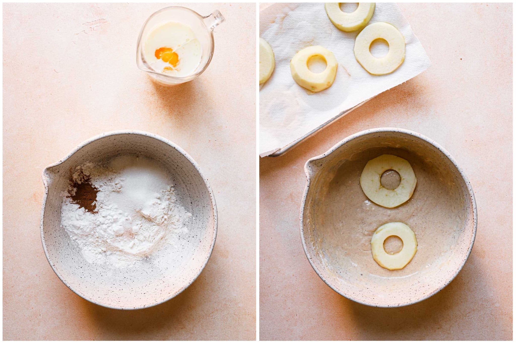 A side-by-side photo shows the process of making apple fritters. On the left, the batter is mixed in a bowl, on the right, two apple rings are dunked in the batter.