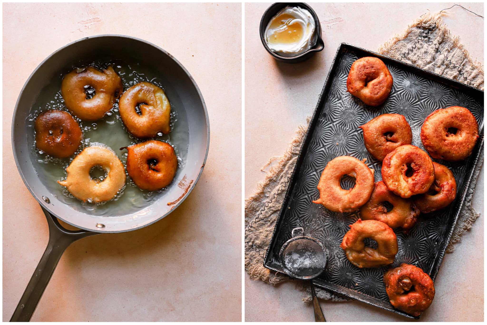 Side-by-side photos show the process of how to make homemade apple fritters. On the left, apple rings are shown frying in a pan. On the right, fried apple fritters are displayed on a baking sheet. 